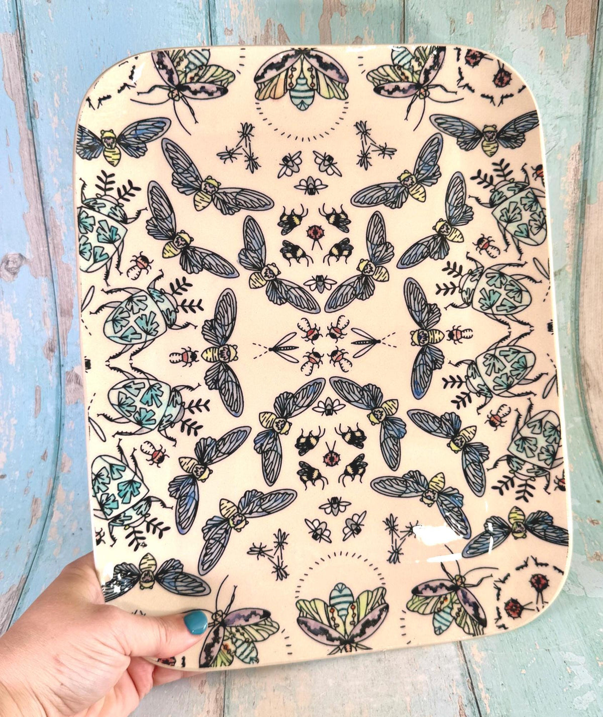 Colourful Insect Platter, Large Handmade Rectangle Ceramic Plate - FJD Ceramics