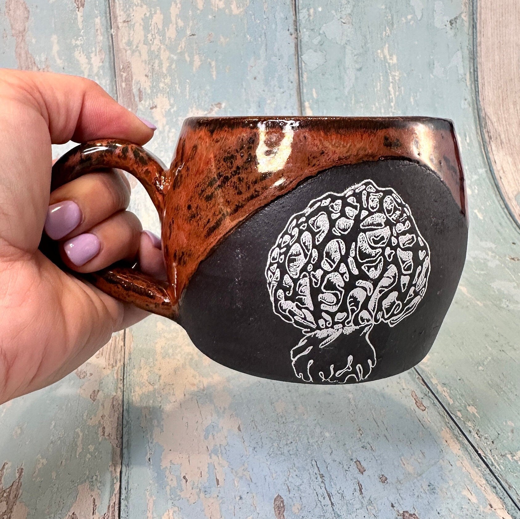 Copper Black Mushroom Mug, Large Fungi Ceramic Cup - FJD Ceramics