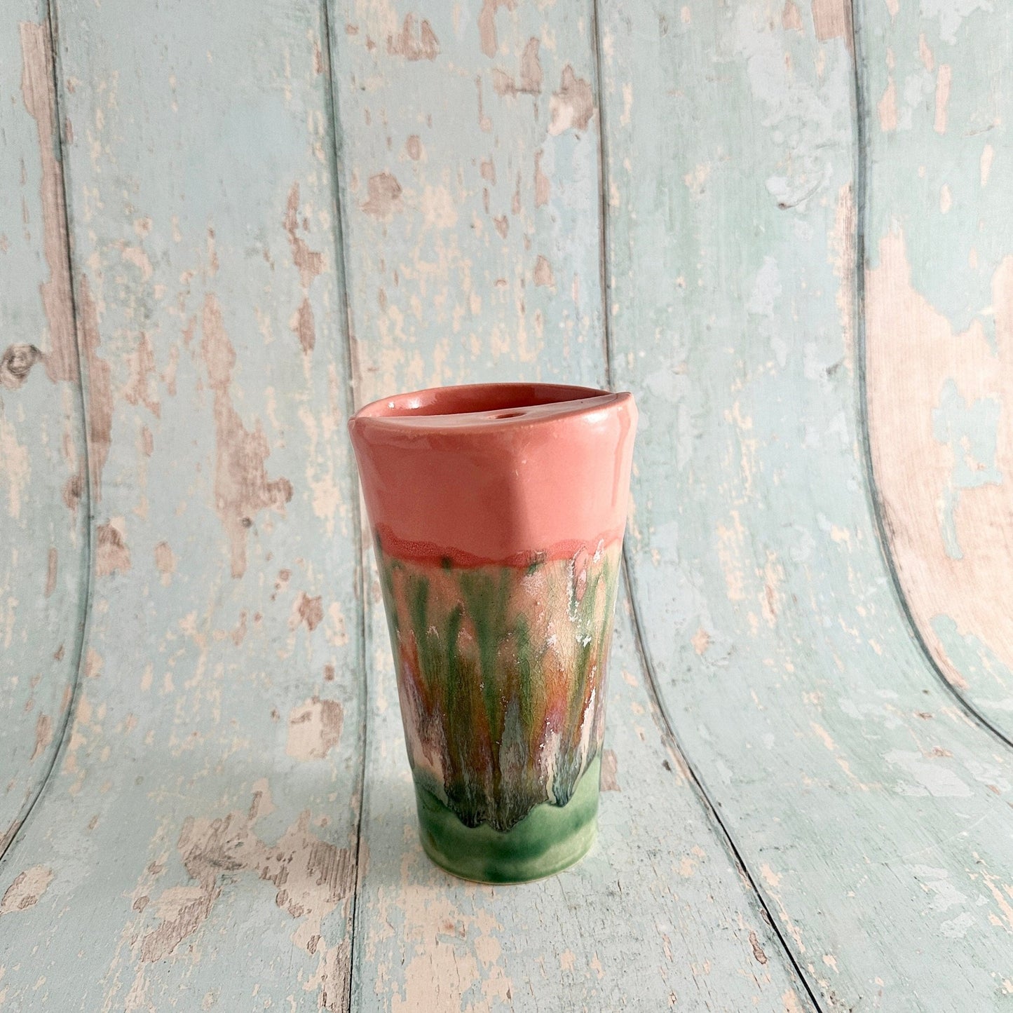 Coral Pink and Green Straw - holder Tumbler, Large Ceramic Cup - FJD Ceramics