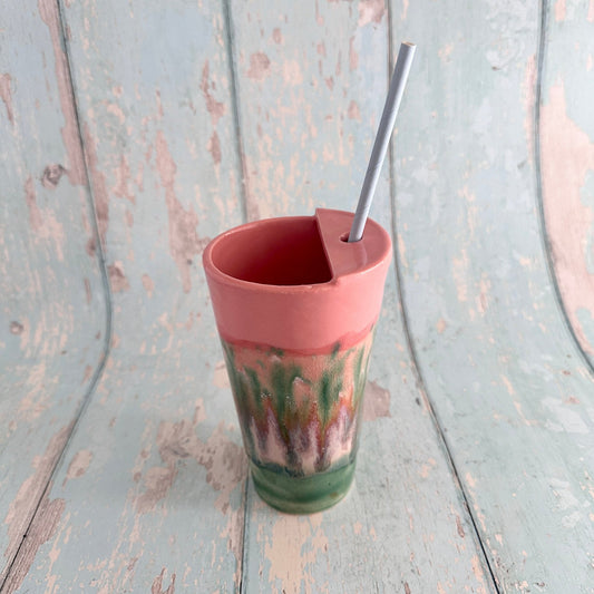 Coral Pink and Green Straw - holder Tumbler, Large Ceramic Cup - FJD Ceramics