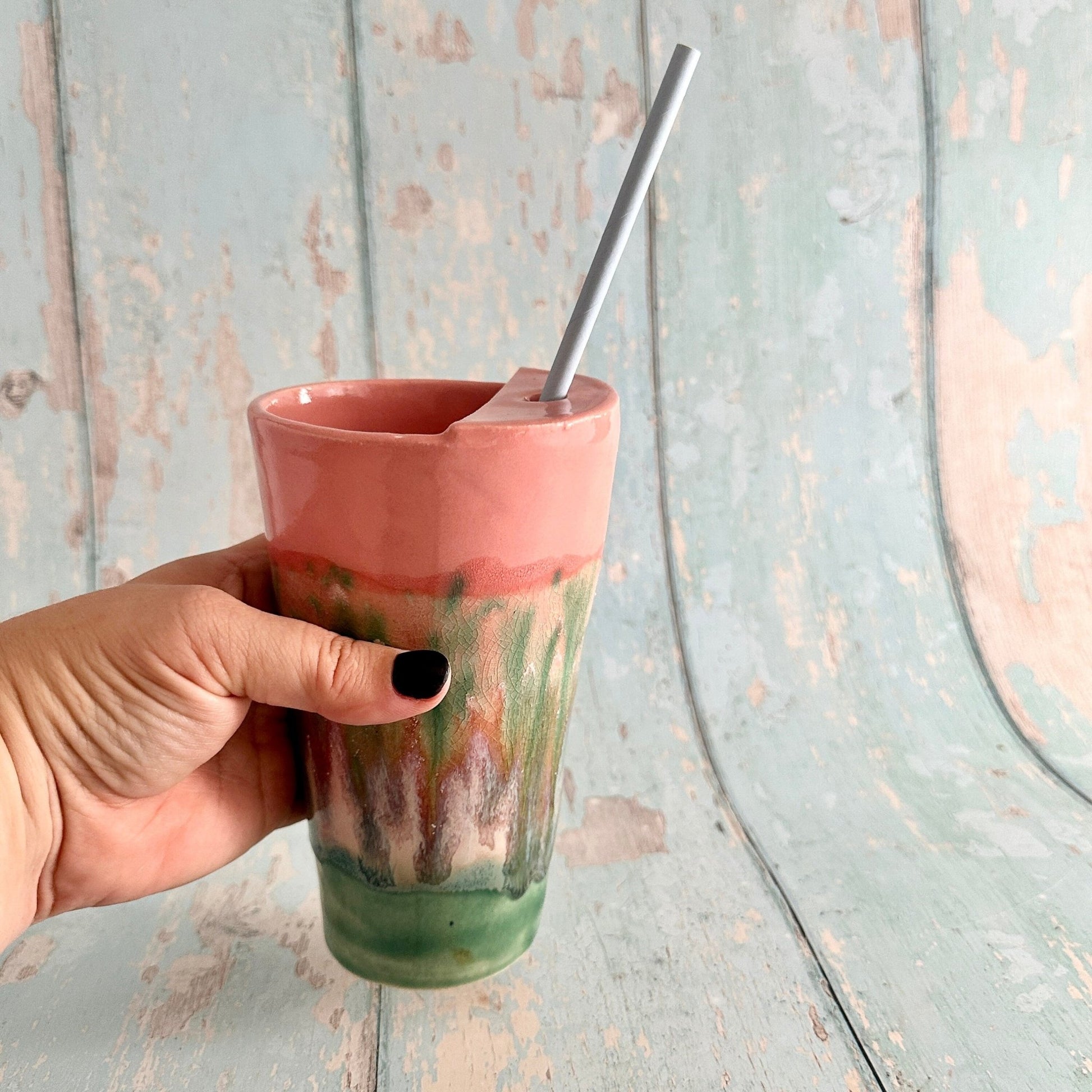 Coral Pink and Green Straw - holder Tumbler, Large Ceramic Cup - FJD Ceramics