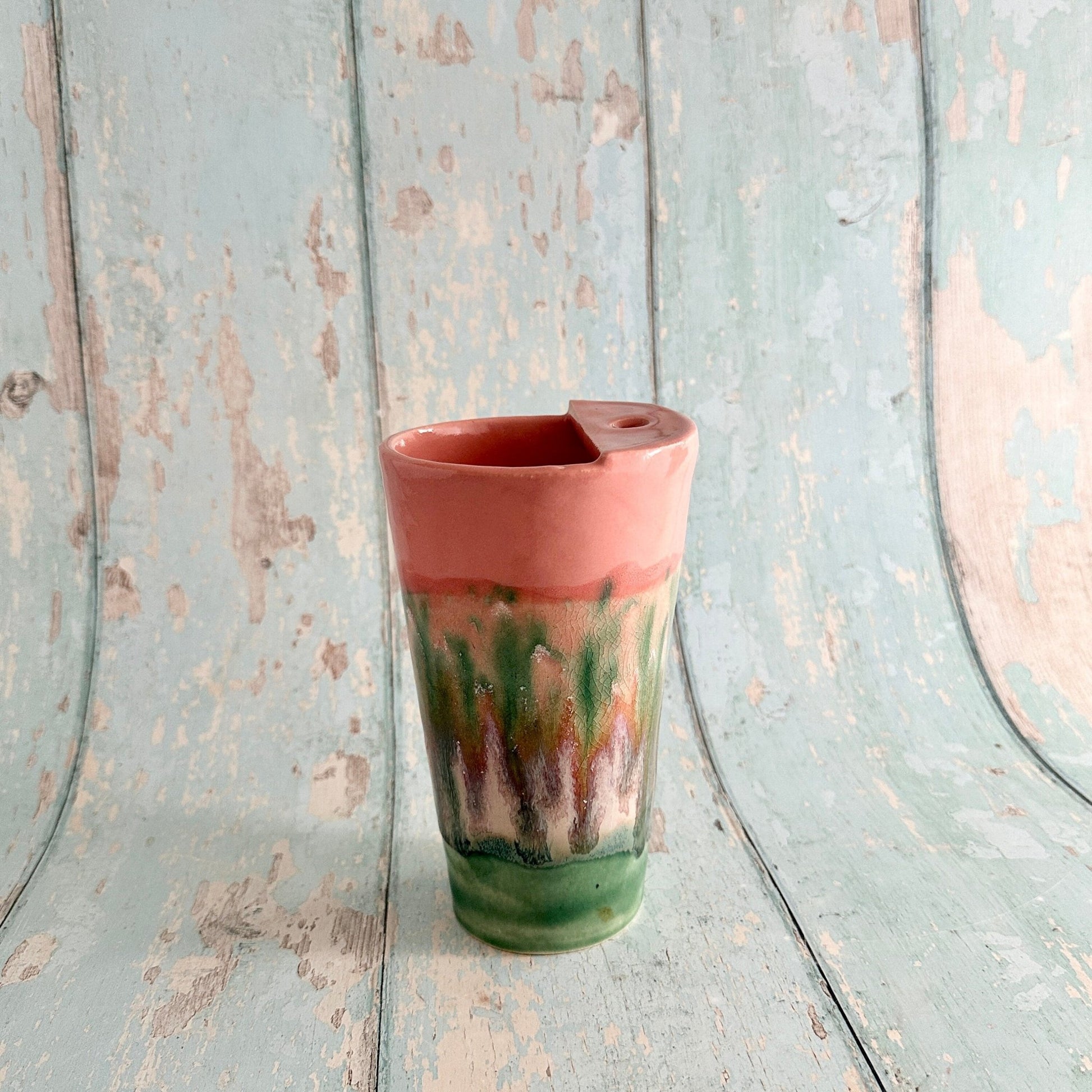 Coral Pink and Green Straw - holder Tumbler, Large Ceramic Cup - FJD Ceramics
