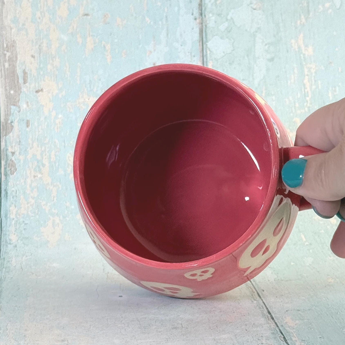 Coral Pink Skull Mug, Handmade Ceramic Cup, Spooky Halloween Mug - FJD Ceramics