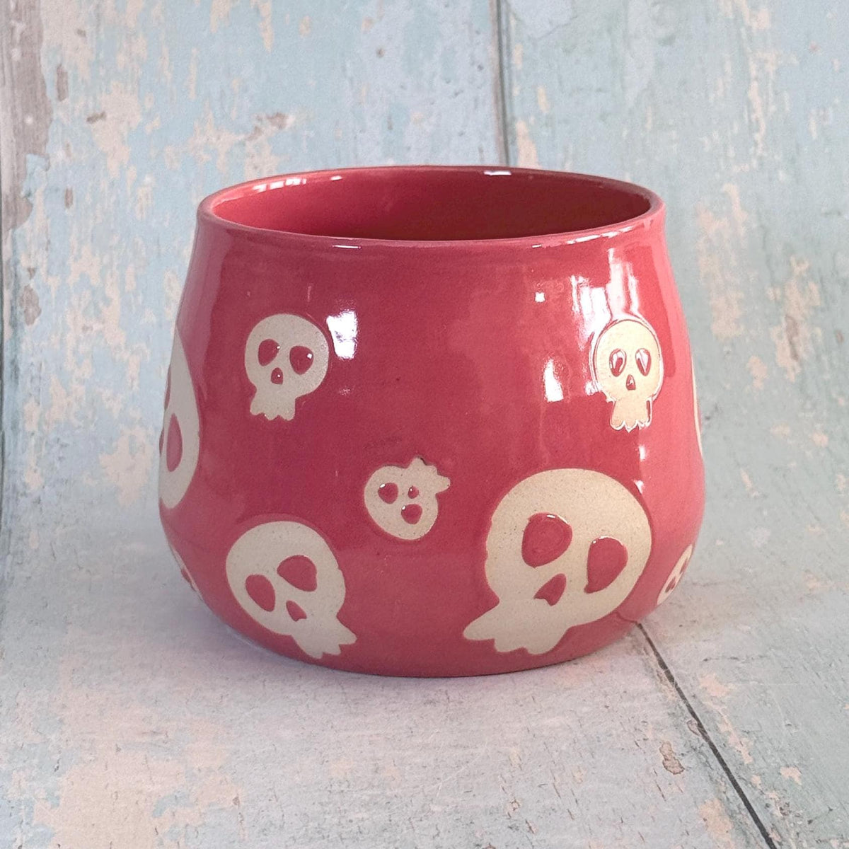Coral Pink Skull Mug, Handmade Ceramic Cup, Spooky Halloween Mug - FJD Ceramics