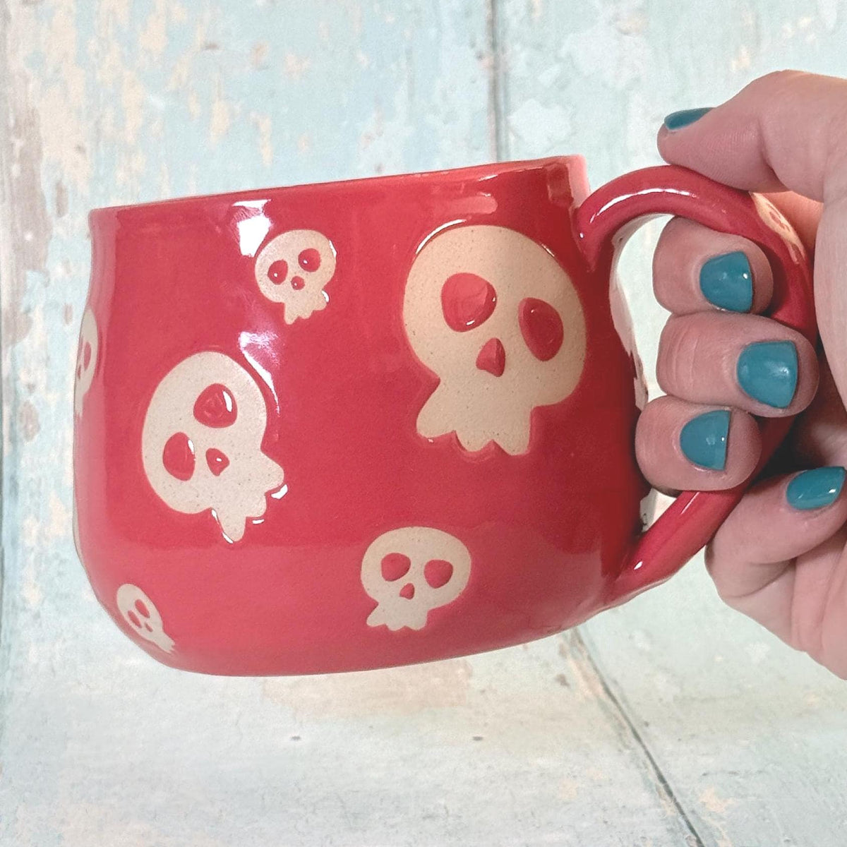 Coral Pink Skull Mug, Handmade Ceramic Cup, Spooky Halloween Mug - FJD Ceramics