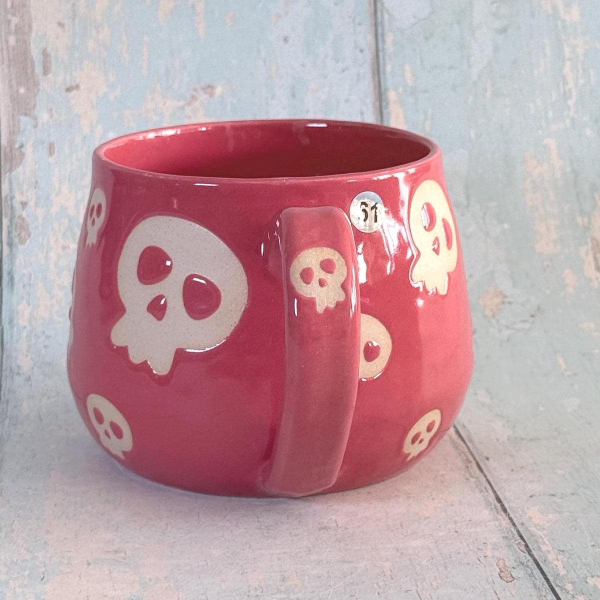Coral Pink Skull Mug, Handmade Ceramic Cup, Spooky Halloween Mug - FJD Ceramics