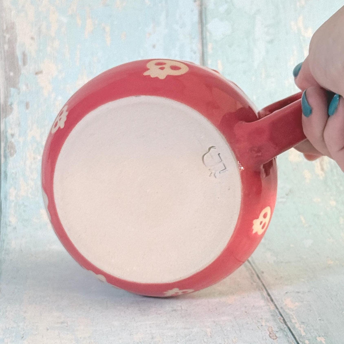 Coral Pink Skull Mug, Handmade Ceramic Cup, Spooky Halloween Mug - FJD Ceramics