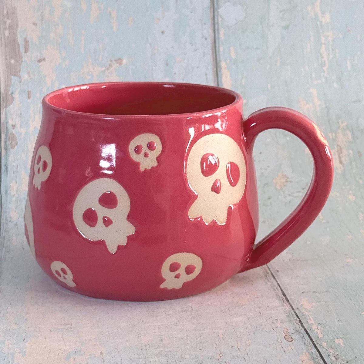Coral Pink Skull Mug, Handmade Ceramic Cup, Spooky Halloween Mug - FJD Ceramics