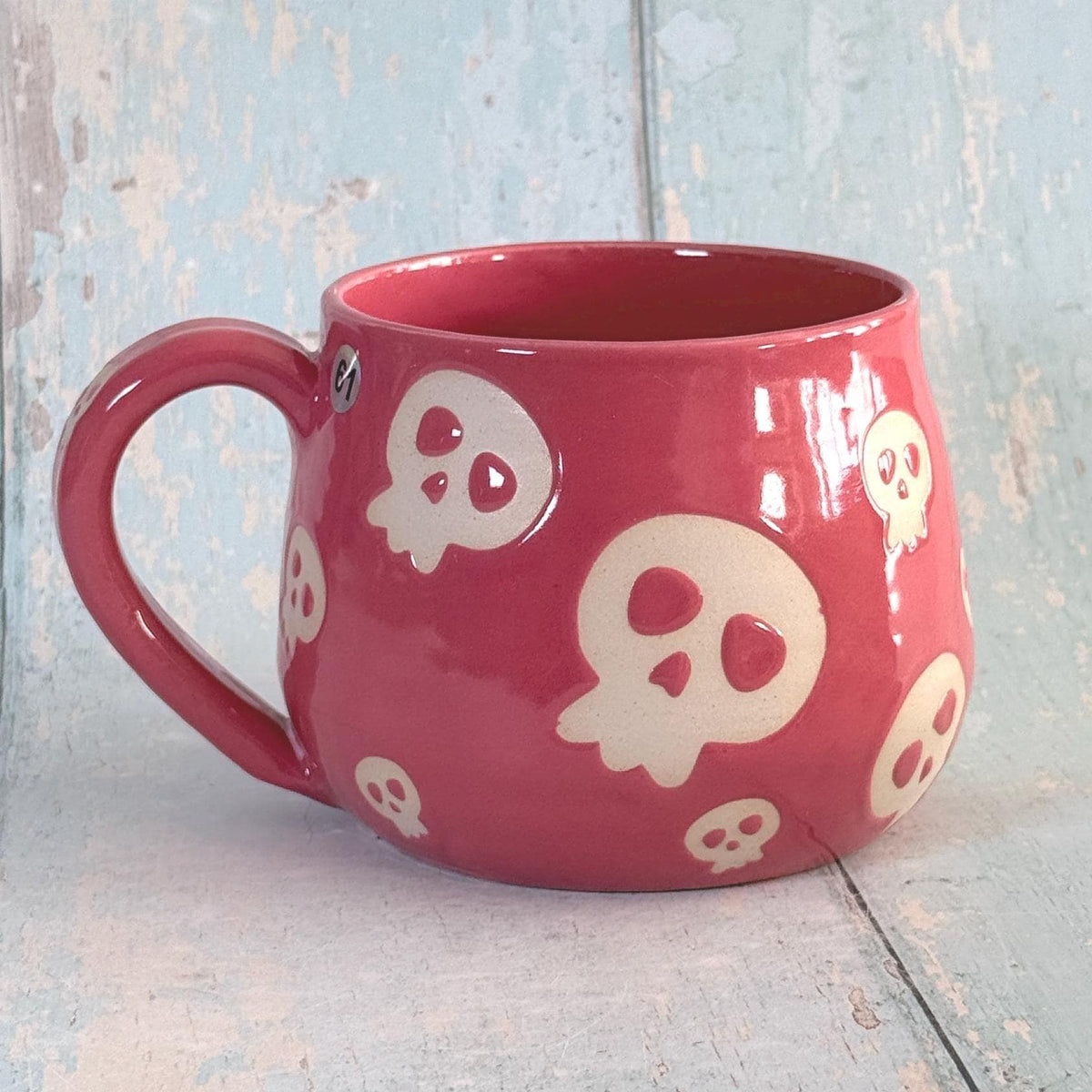 Coral Pink Skull Mug, Handmade Ceramic Cup, Spooky Halloween Mug - FJD Ceramics