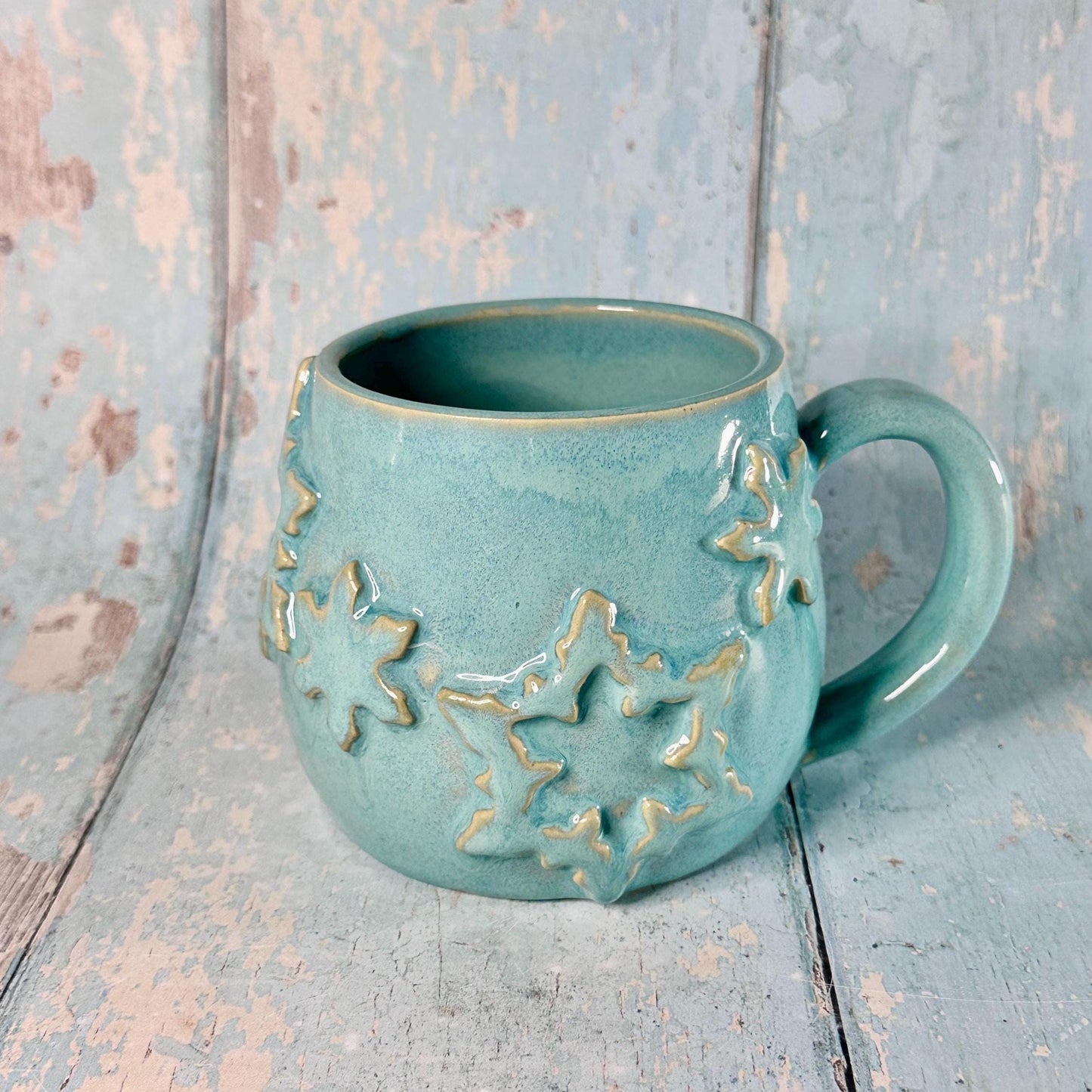 Turquoise Blue Christmas Snowflake Mug, Handmade Ceramic Cup