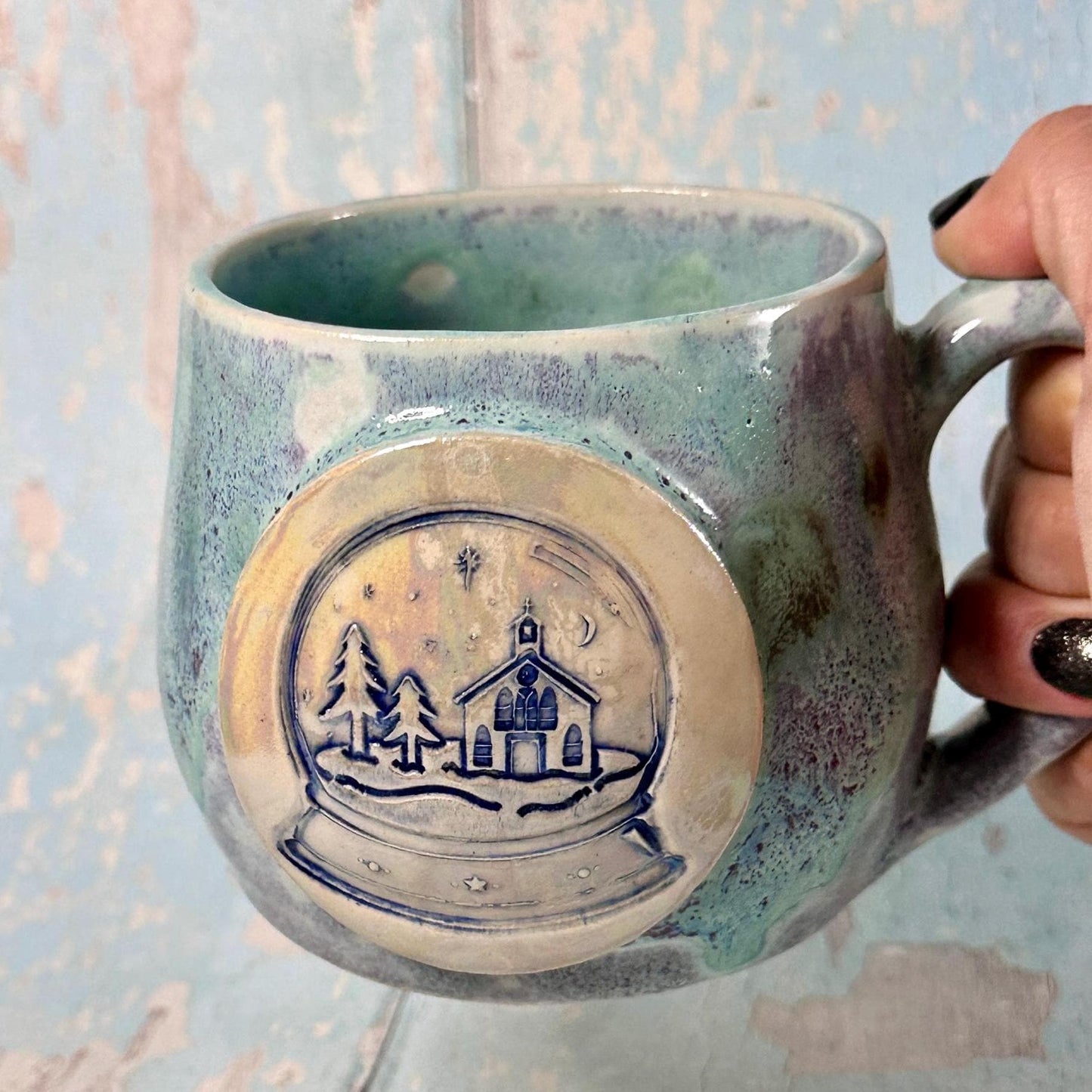 Green and Purple  Christmas Snow Globe Mug, Handmade Ceramic Cup