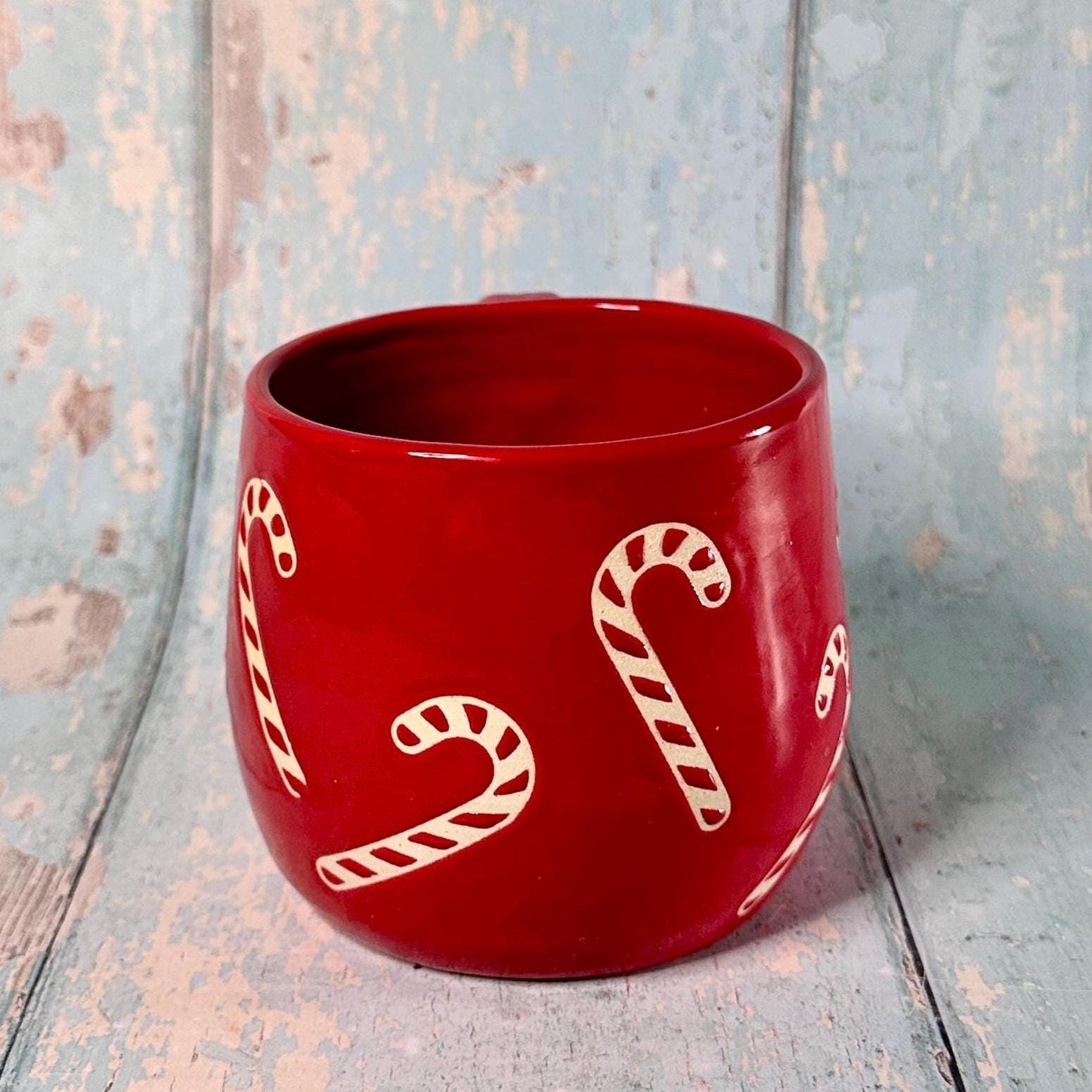 Red Christmas Candy Cane Mug, Handmade Ceramic Cup