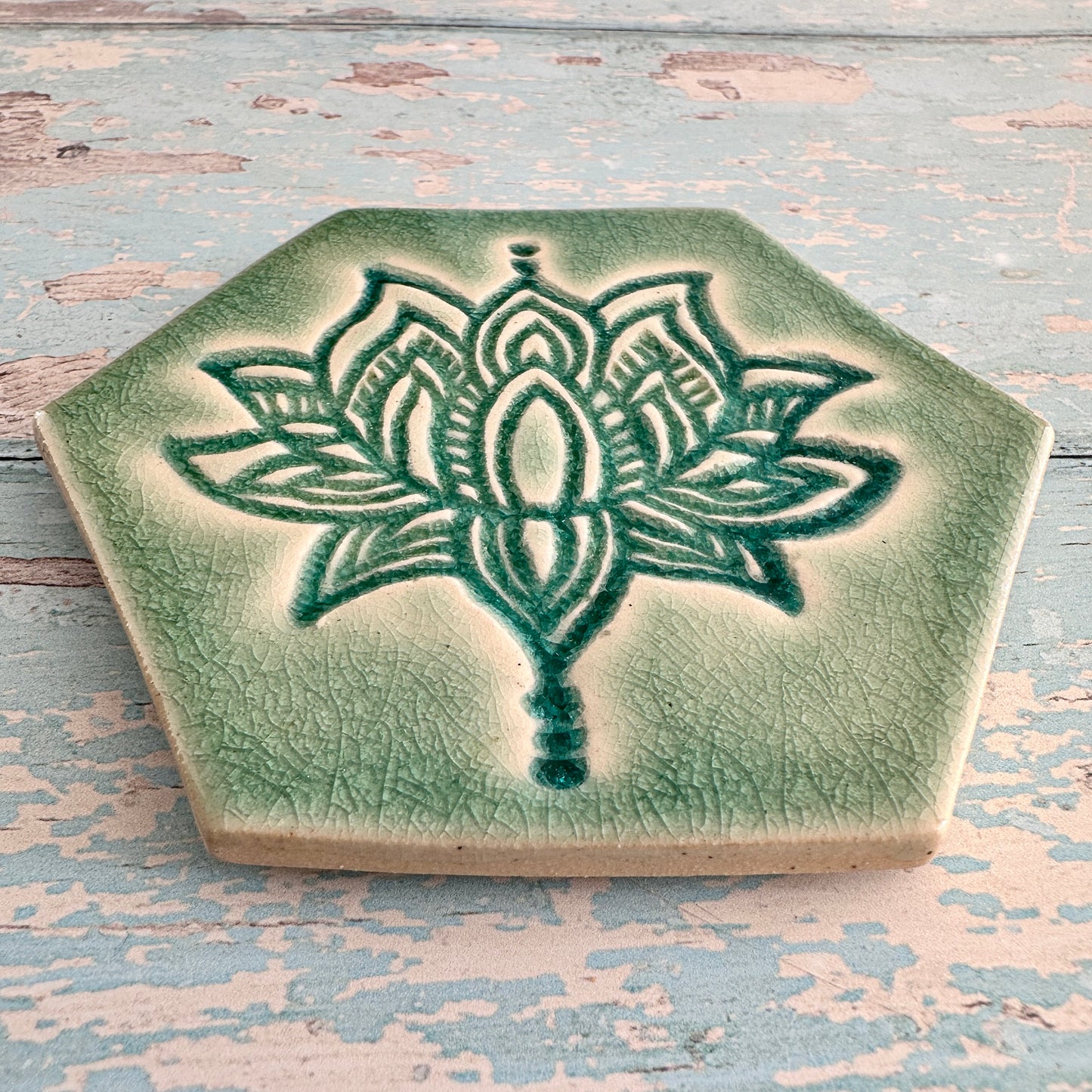 Turquoise Lotus Flower Coaster Handmade Ceramic