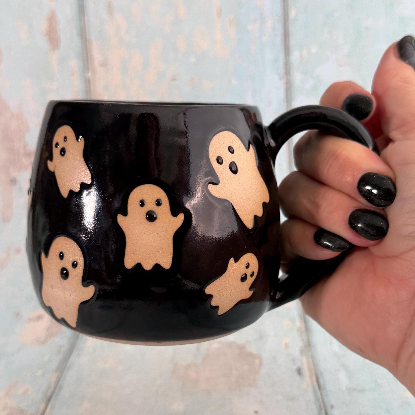 Black Ghost Mug, Handmade Ceramic Cup, Spooky Halloween Mug