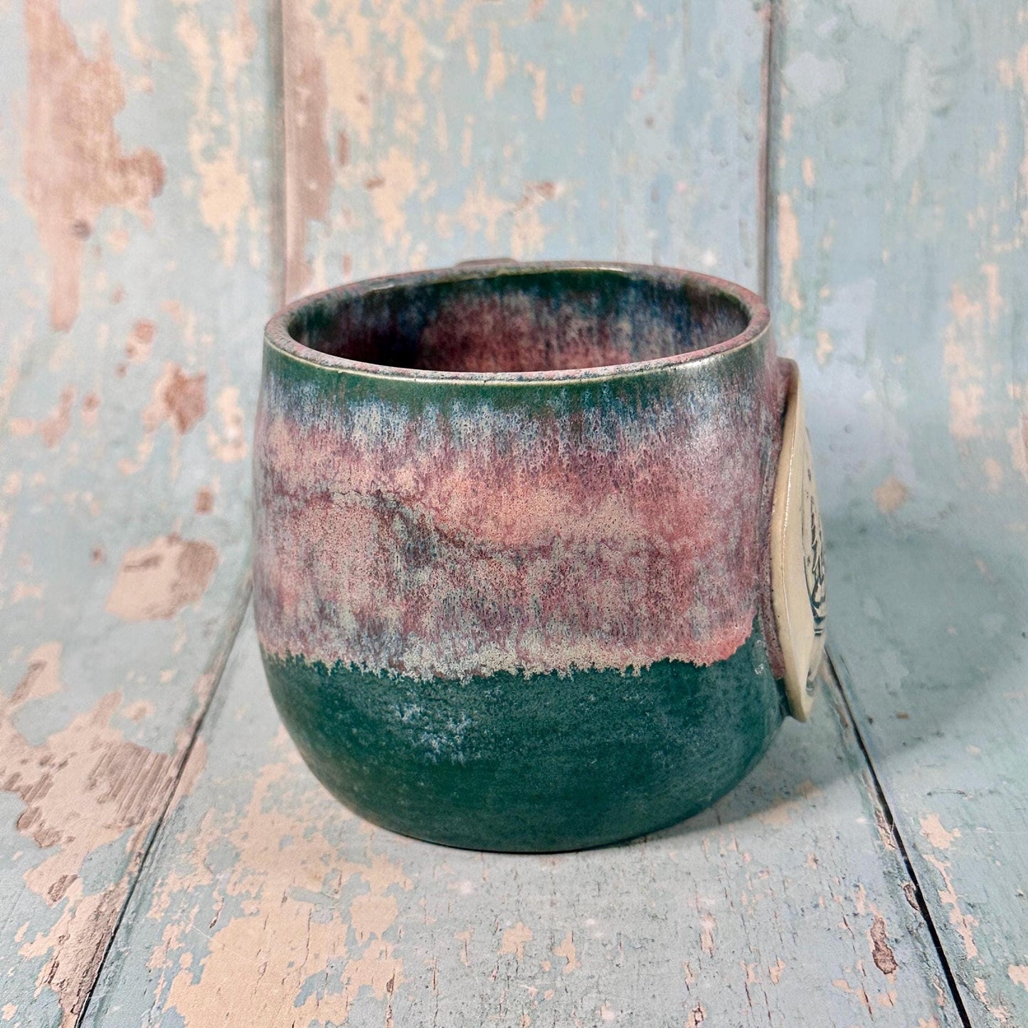 Green and Pink Christmas Snow Globe Mug, Handmade Ceramic Cup