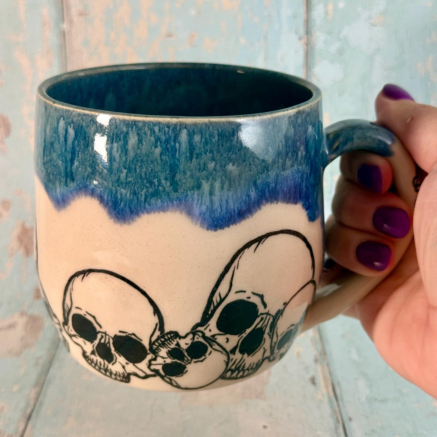 Dark Blue Skull Mug, Large Ceramic Cup - FJD Ceramics