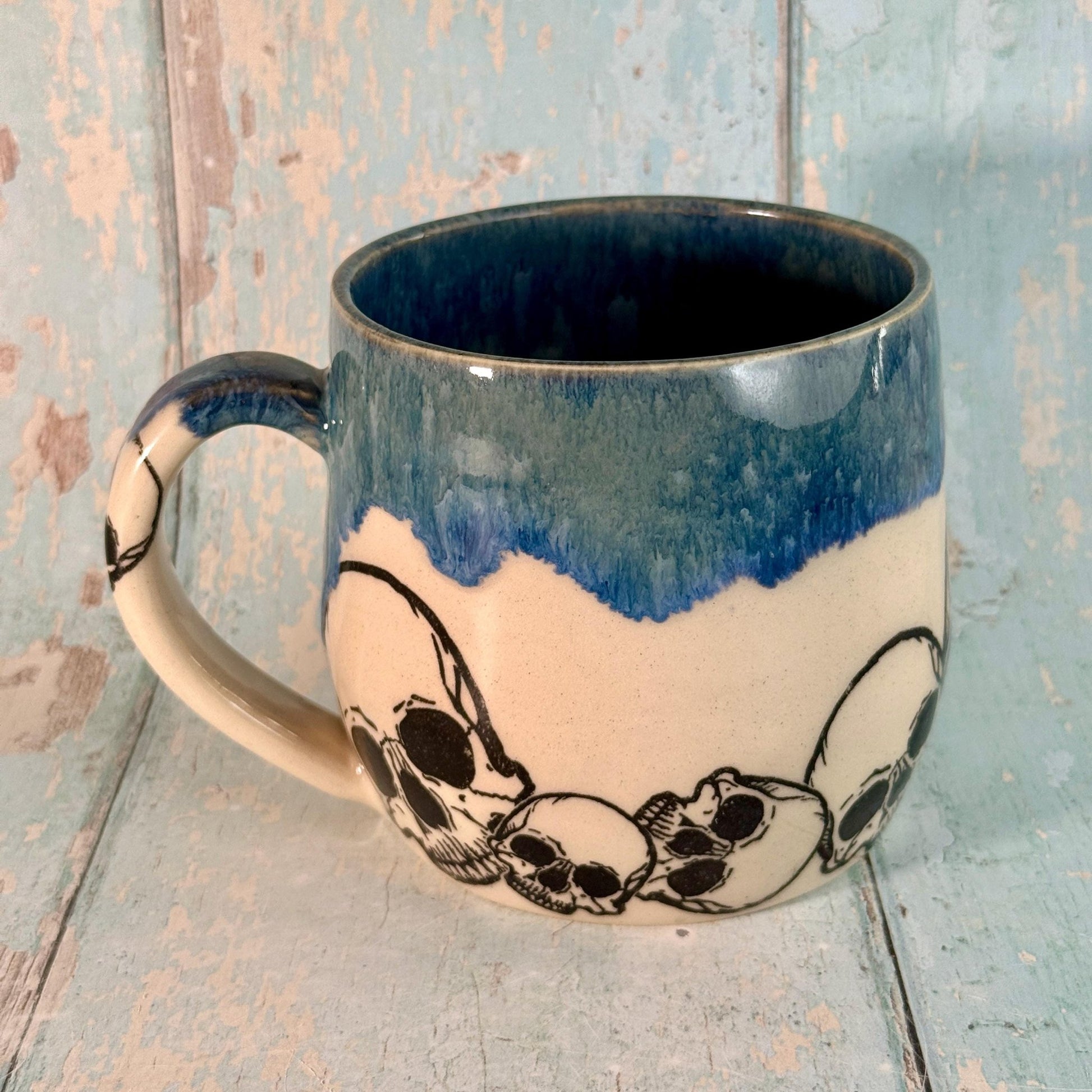 Dark Blue Skull Mug, Large Ceramic Cup - FJD Ceramics