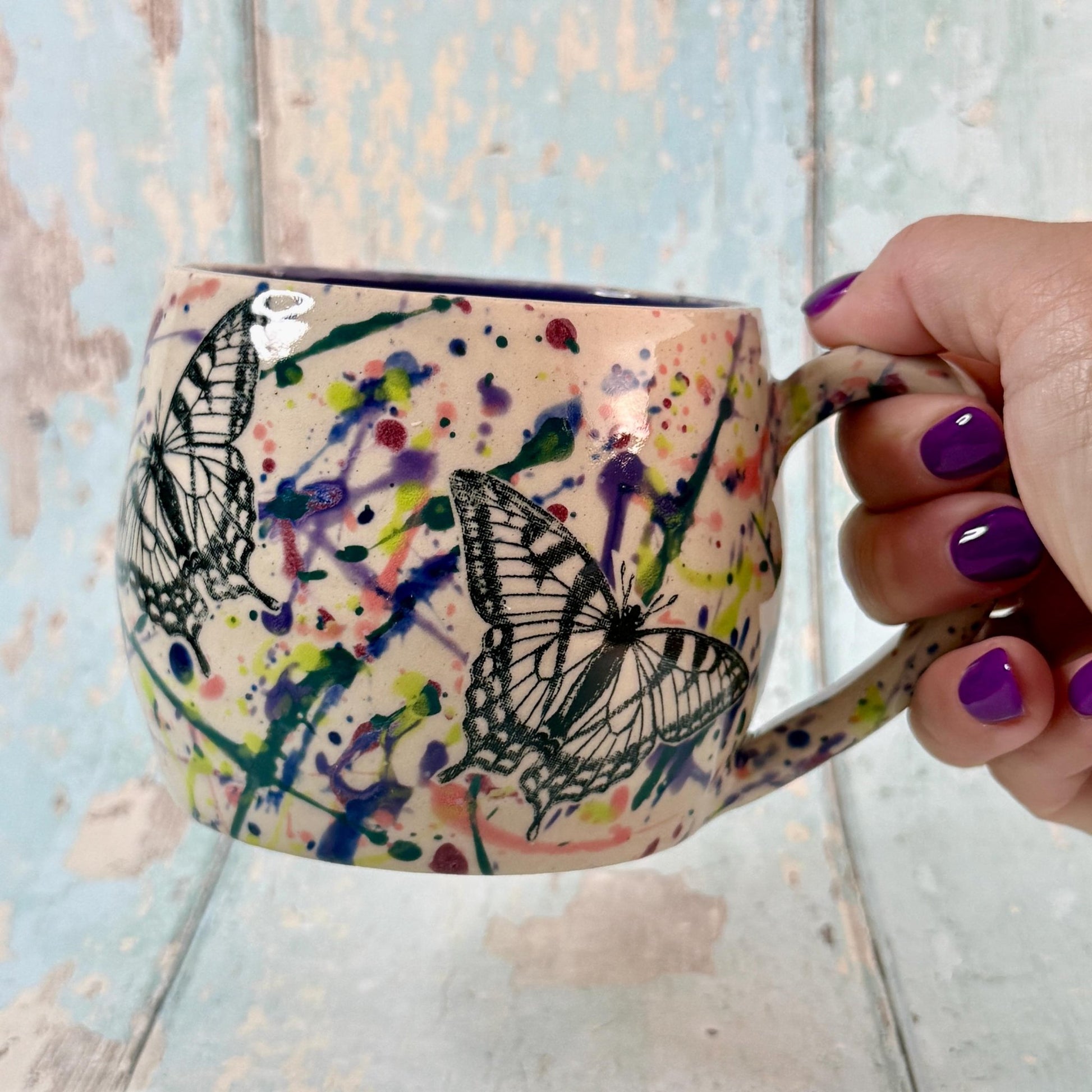 Dark Purple Handmade Butterfly Mug, Large Ceramic Cup - FJD Ceramics