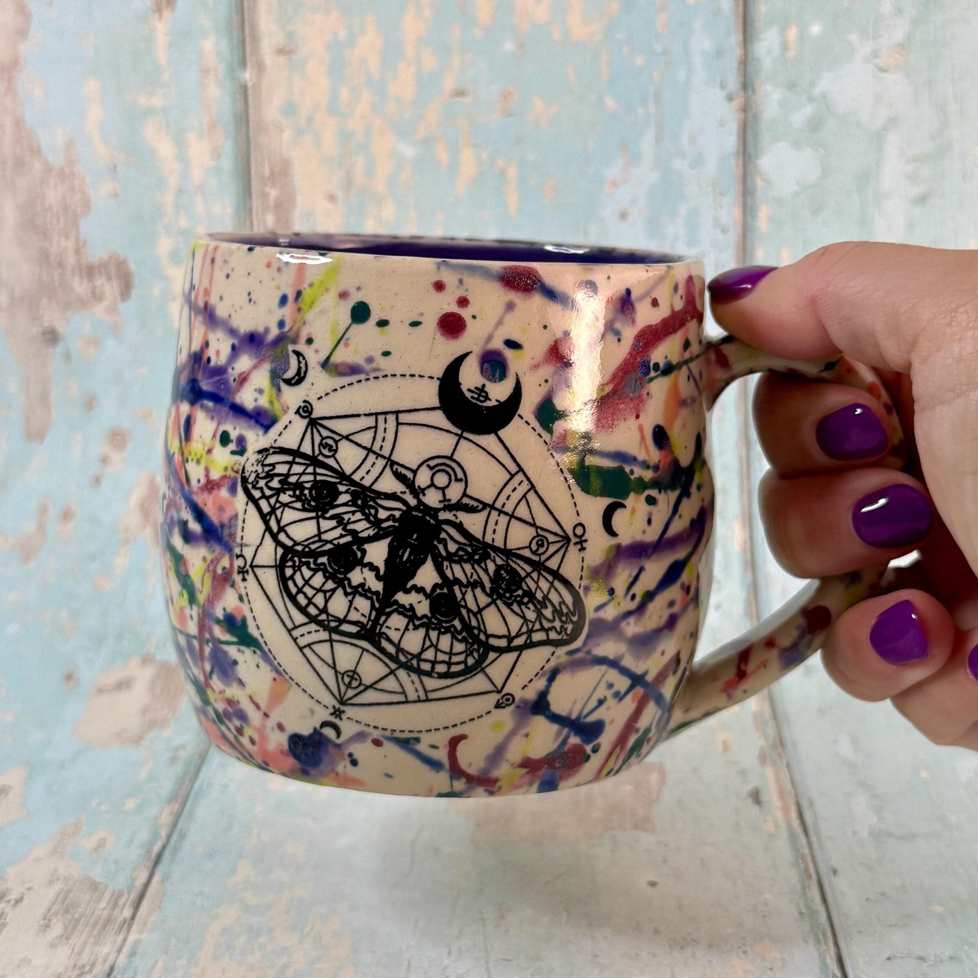 Dark Purple Moth Mug, Handmade Ceramic Cup - FJD Ceramics