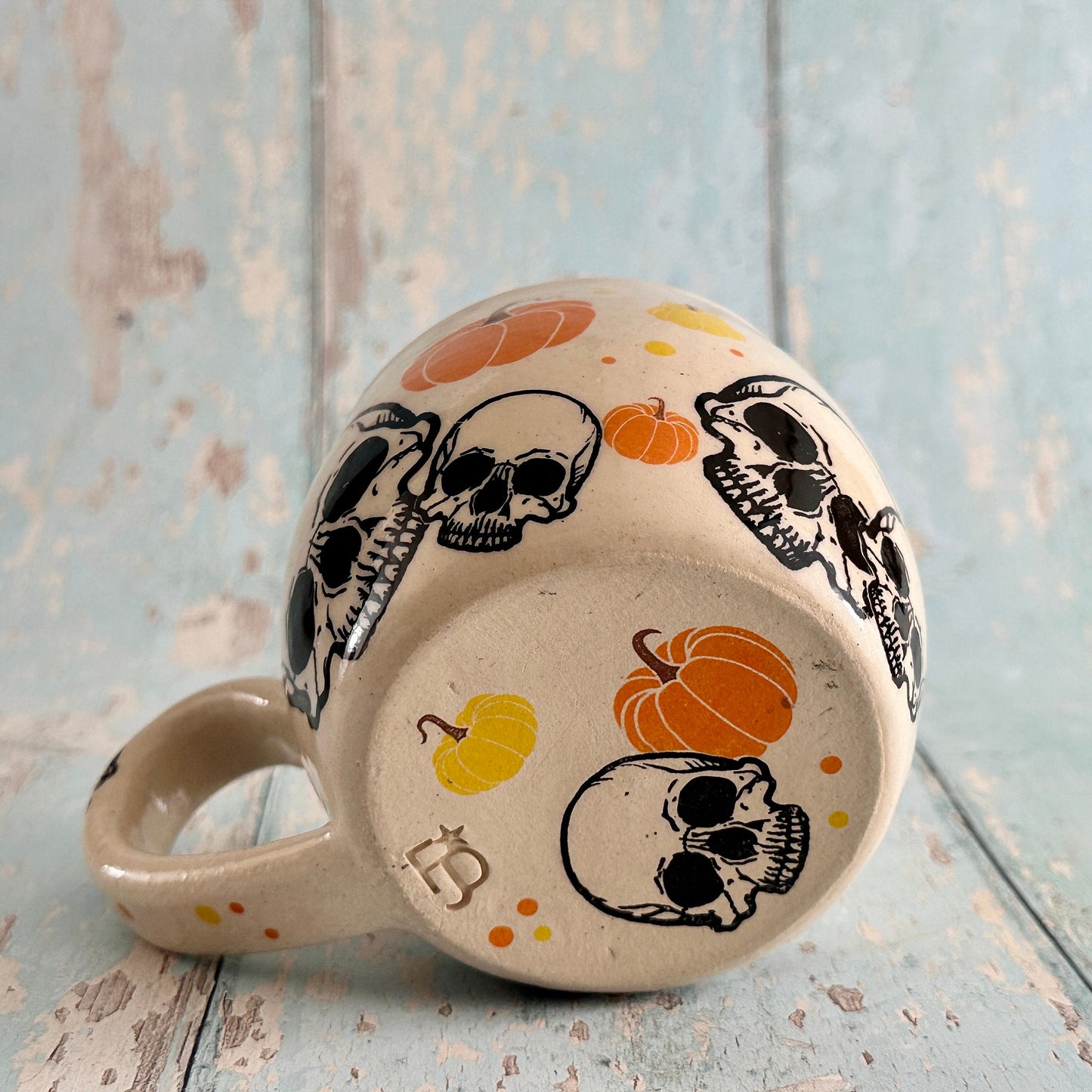 Spooky Halloween Skull and Pumpkin Mug, Orange and Yellow Handmade Ceramic Cup