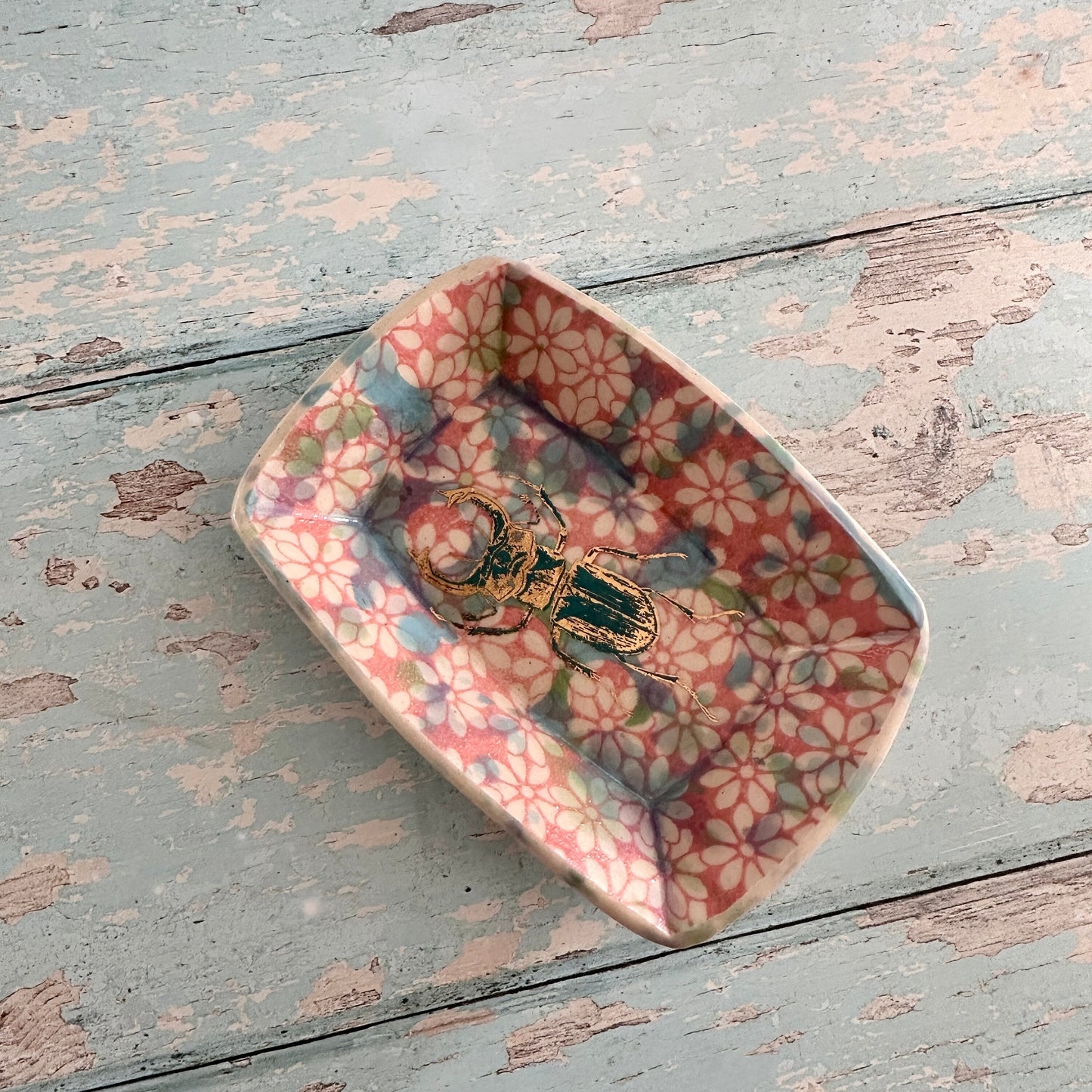 Small Pink and Gold Beetle Ring Dish, Handmade Ceramic Pot