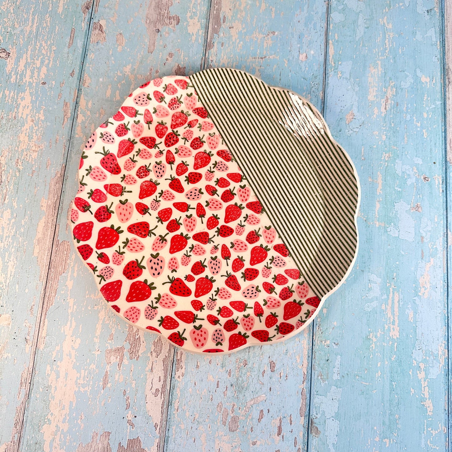Strawberry Platter,  Red and Green Large Handmade Round Ceramic Cake  Plate