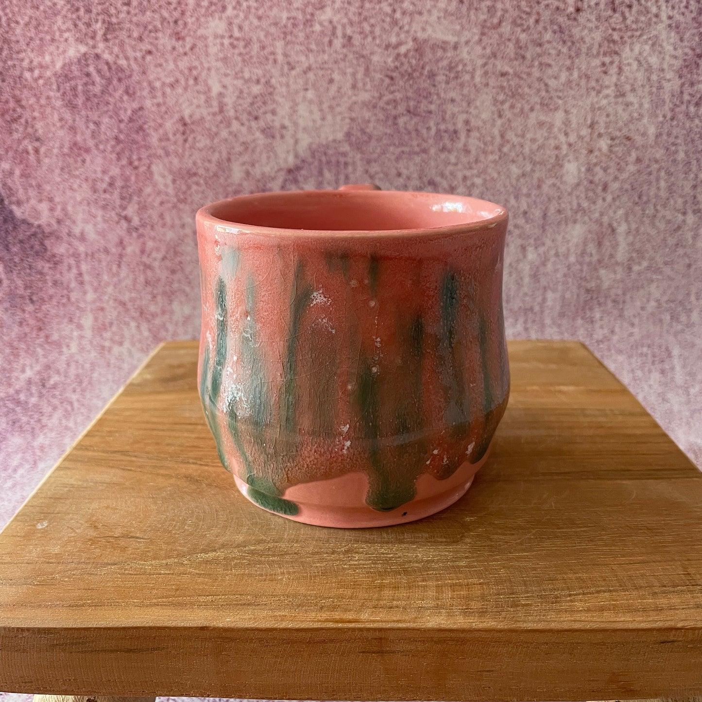 Handmade Coral Pink and Green Drippy Glazed Ceramic Mug
