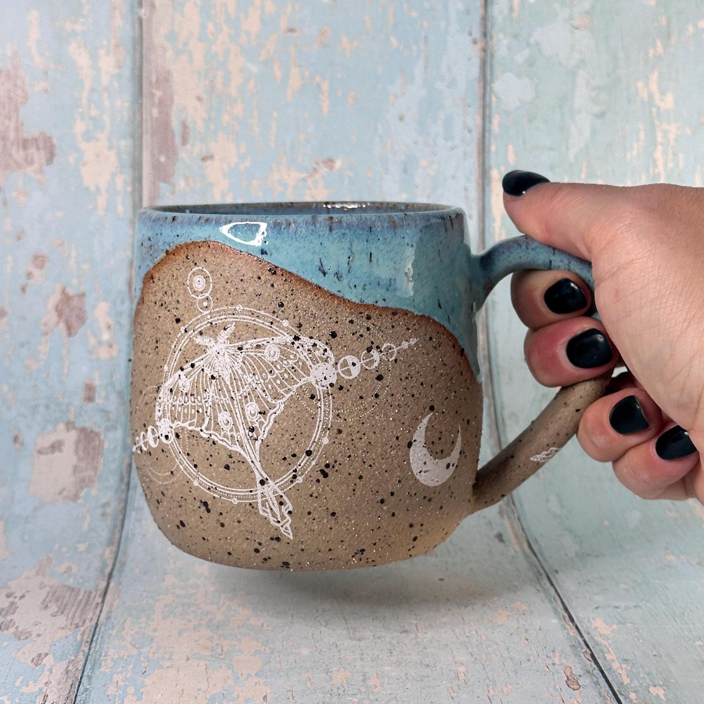 Turquoise Luna Moth Mug, Large Ceramic Cup