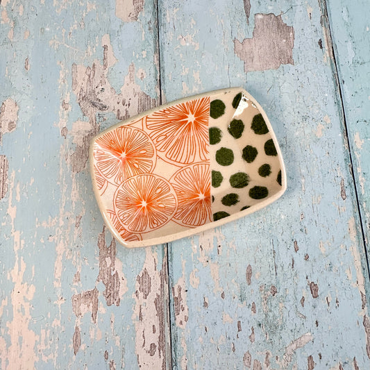 Orange and Green Jewellery Dish, Handmade Hexagon Ceramic Pot