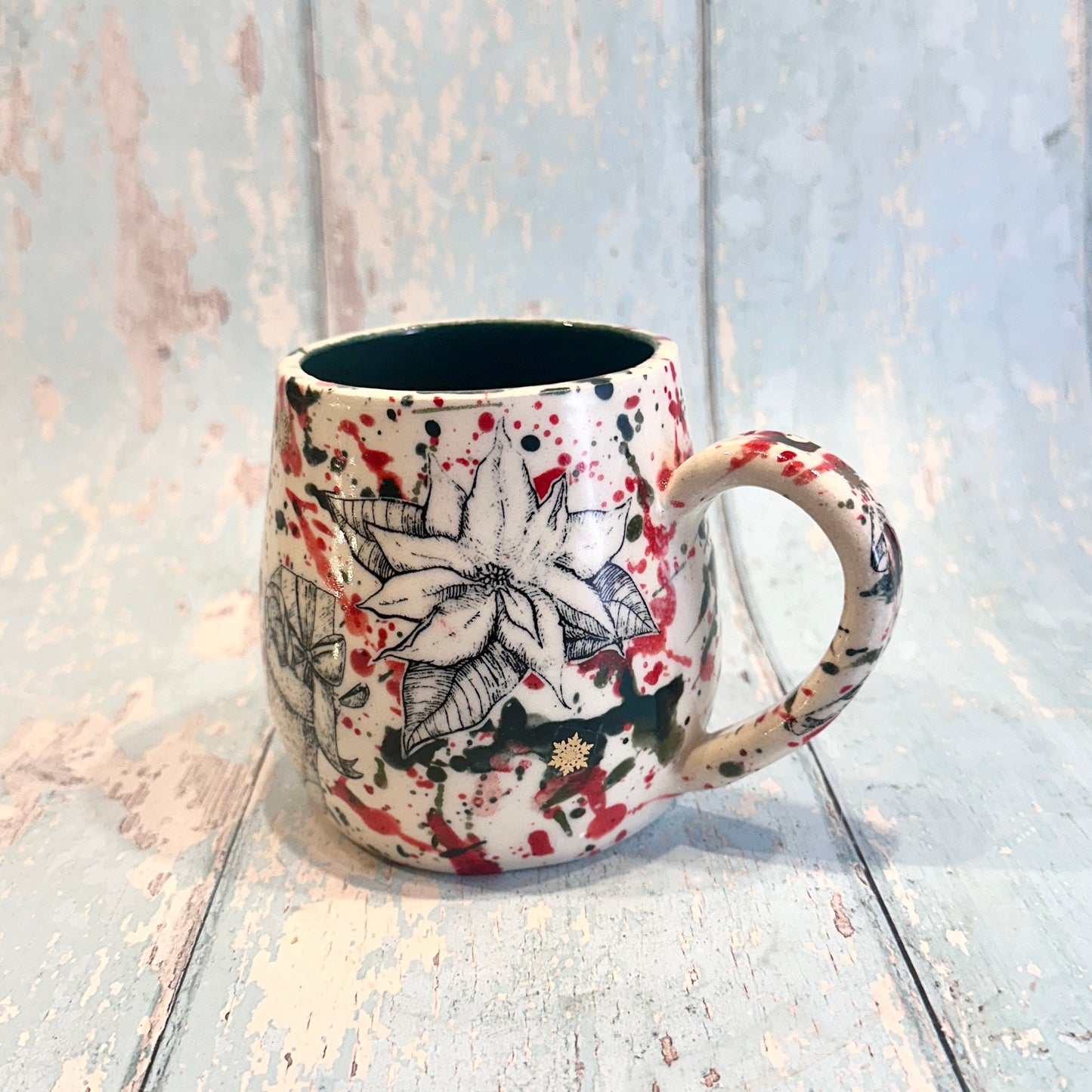 Large Christmas Mug, Handmade Ceramic Cup, Green Red Gold