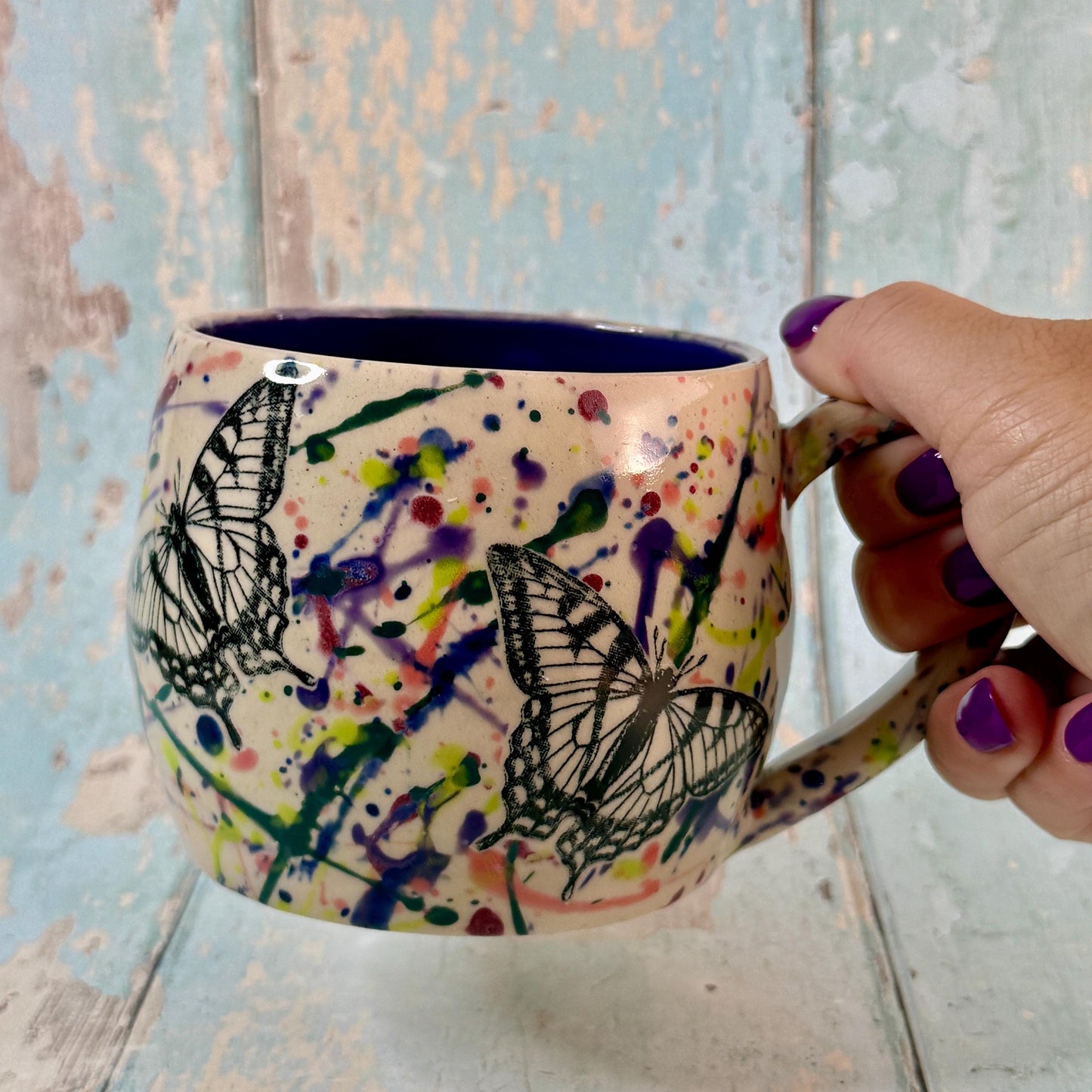 Dark Purple Handmade Butterfly Mug, Large Ceramic Cup