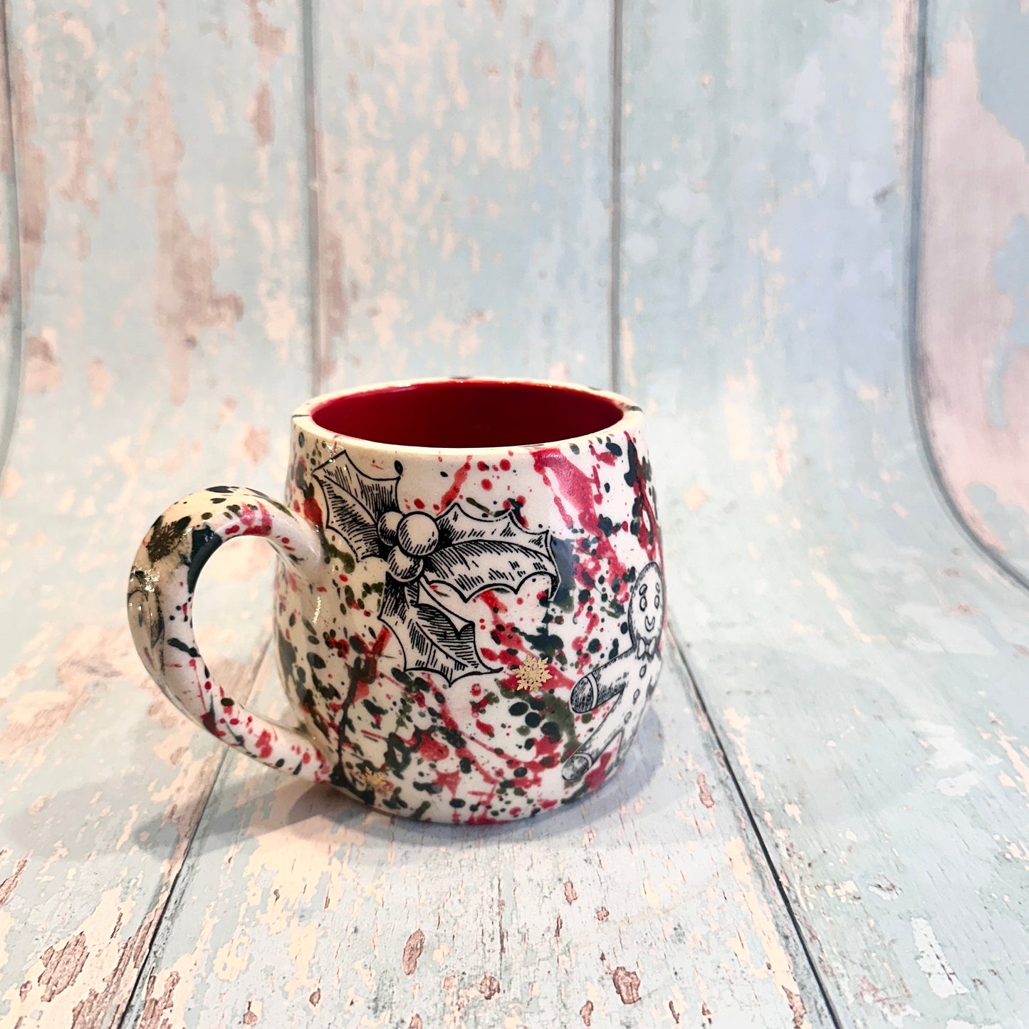 Large Christmas Mug, Handmade Ceramic Cup, Green Red Gold