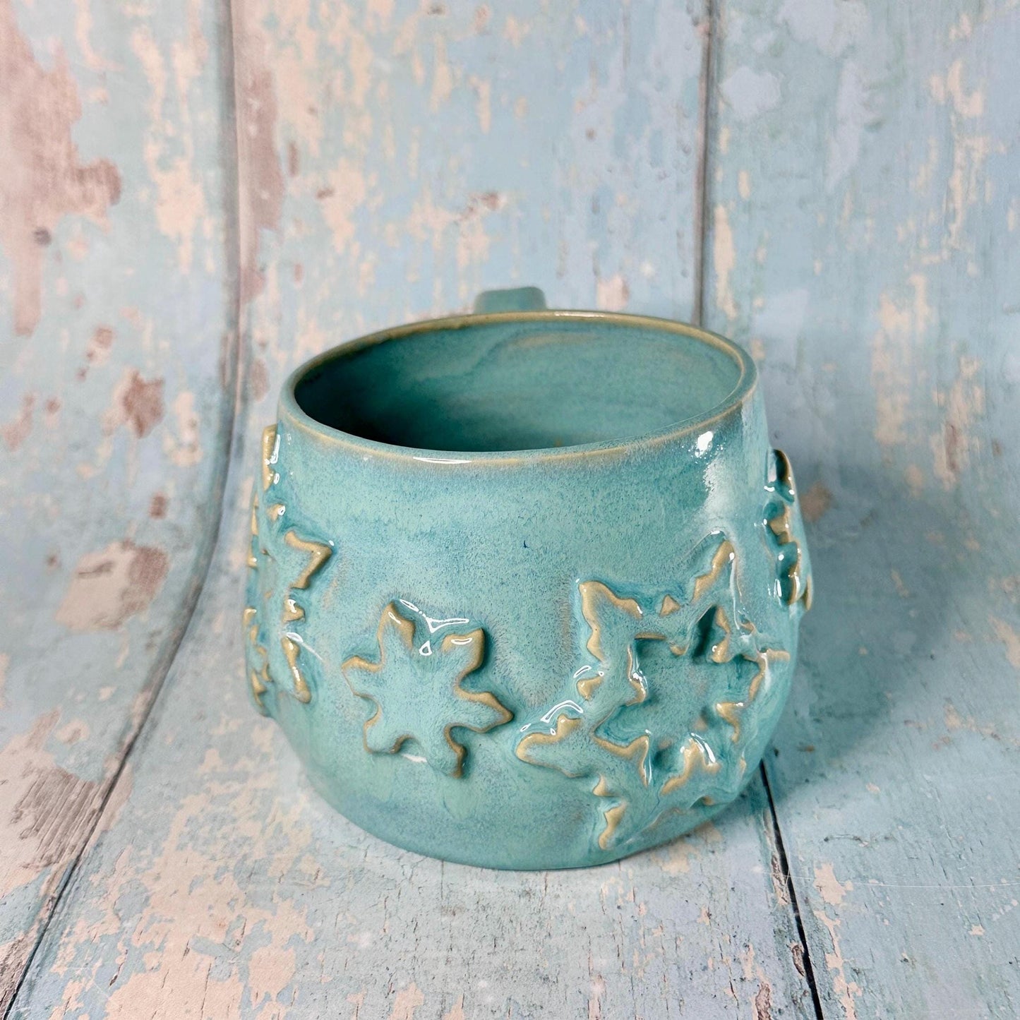 Turquoise Blue Christmas Snowflake Mug, Handmade Ceramic Cup