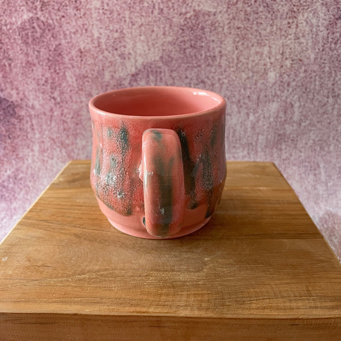 Handmade Coral Pink and Green Drippy Glazed Ceramic Mug