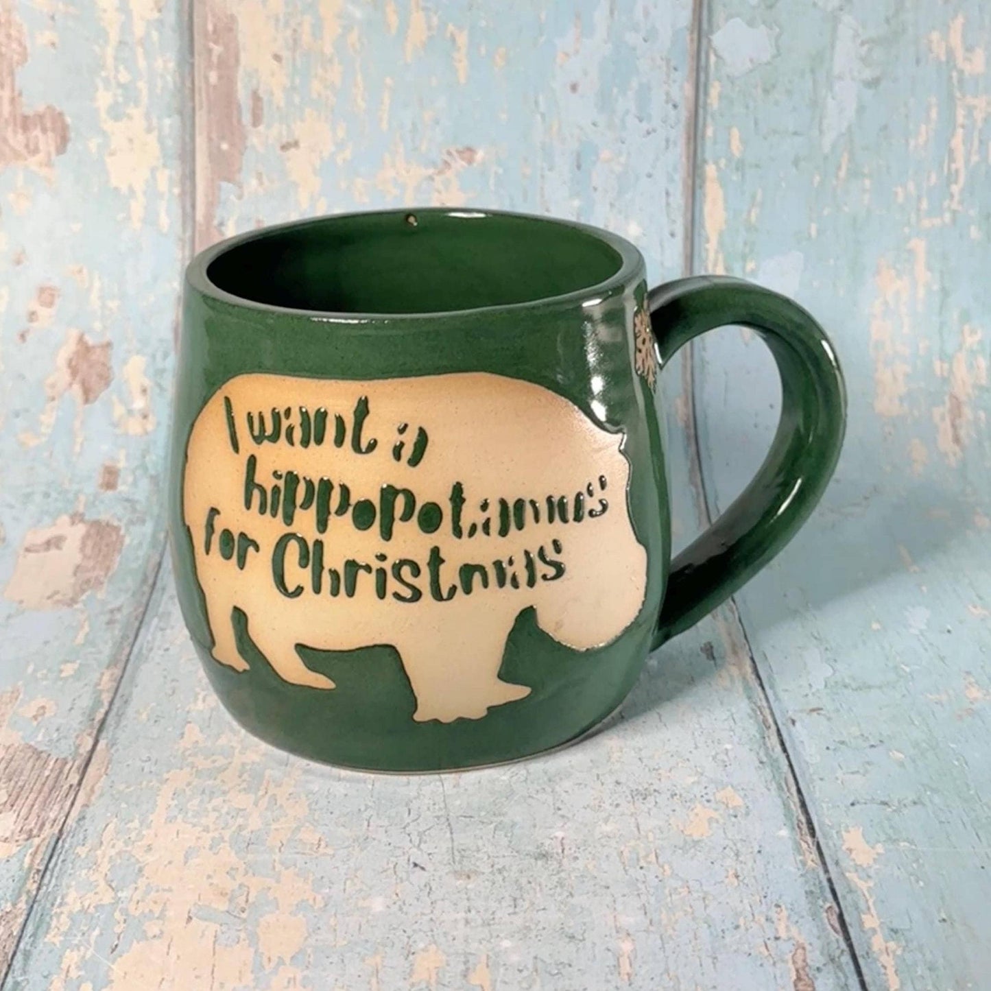 Green Christmas Hippo Mug, Handmade Ceramic Cup