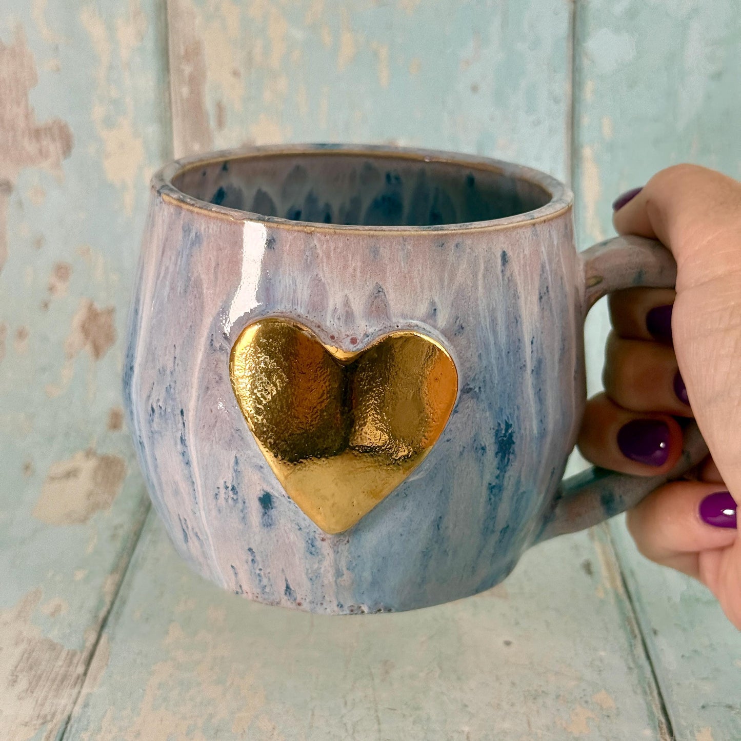 Purple Gold Heart Ceramic Mug, Large Pottery Cup