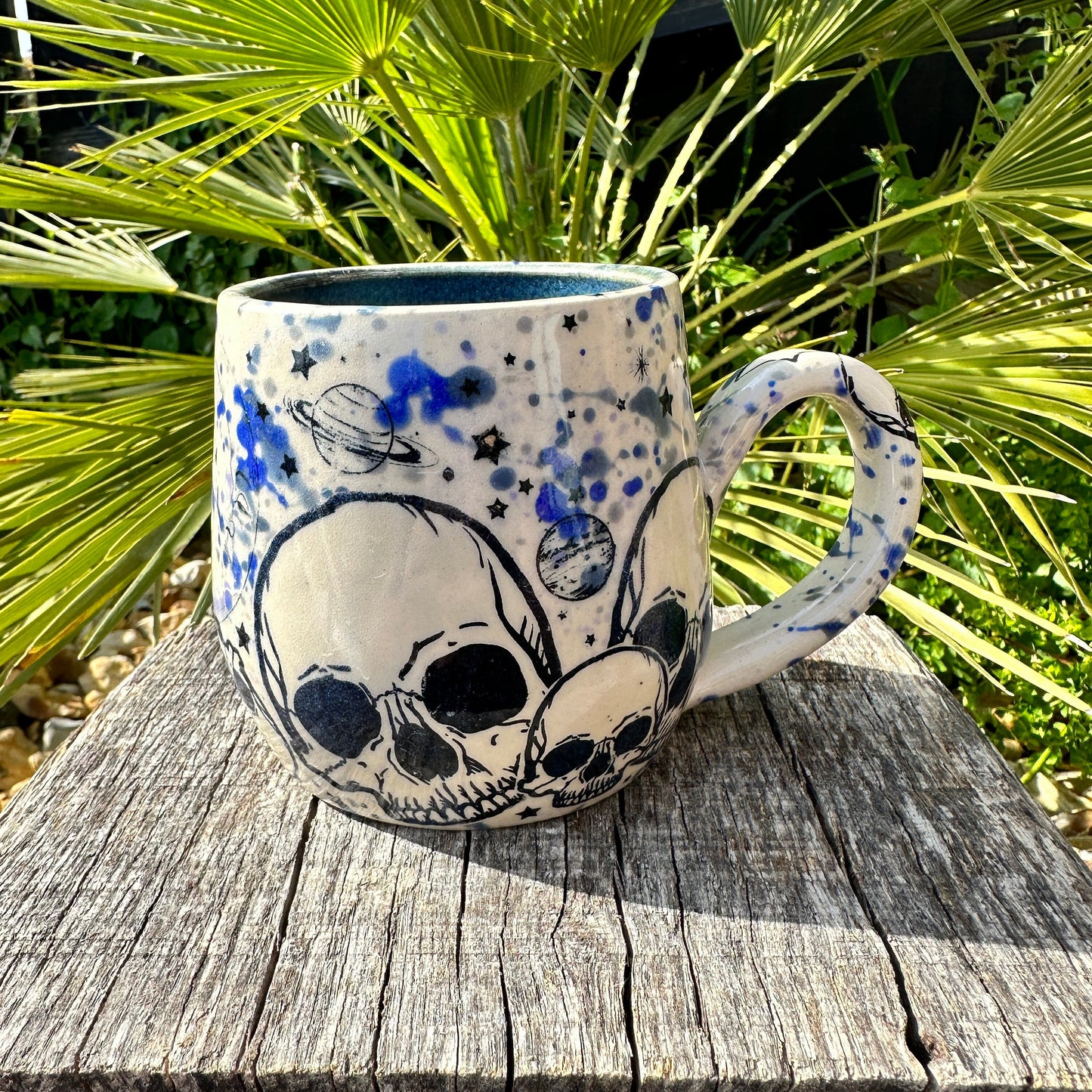 Skull and Star Mug, Handmade Blue Ceramic Cup