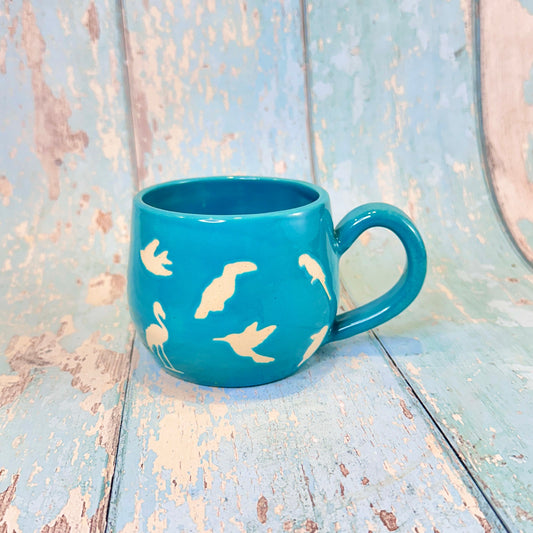 Turquoise Blue Bird Mug, Handmade Ceramic Cup