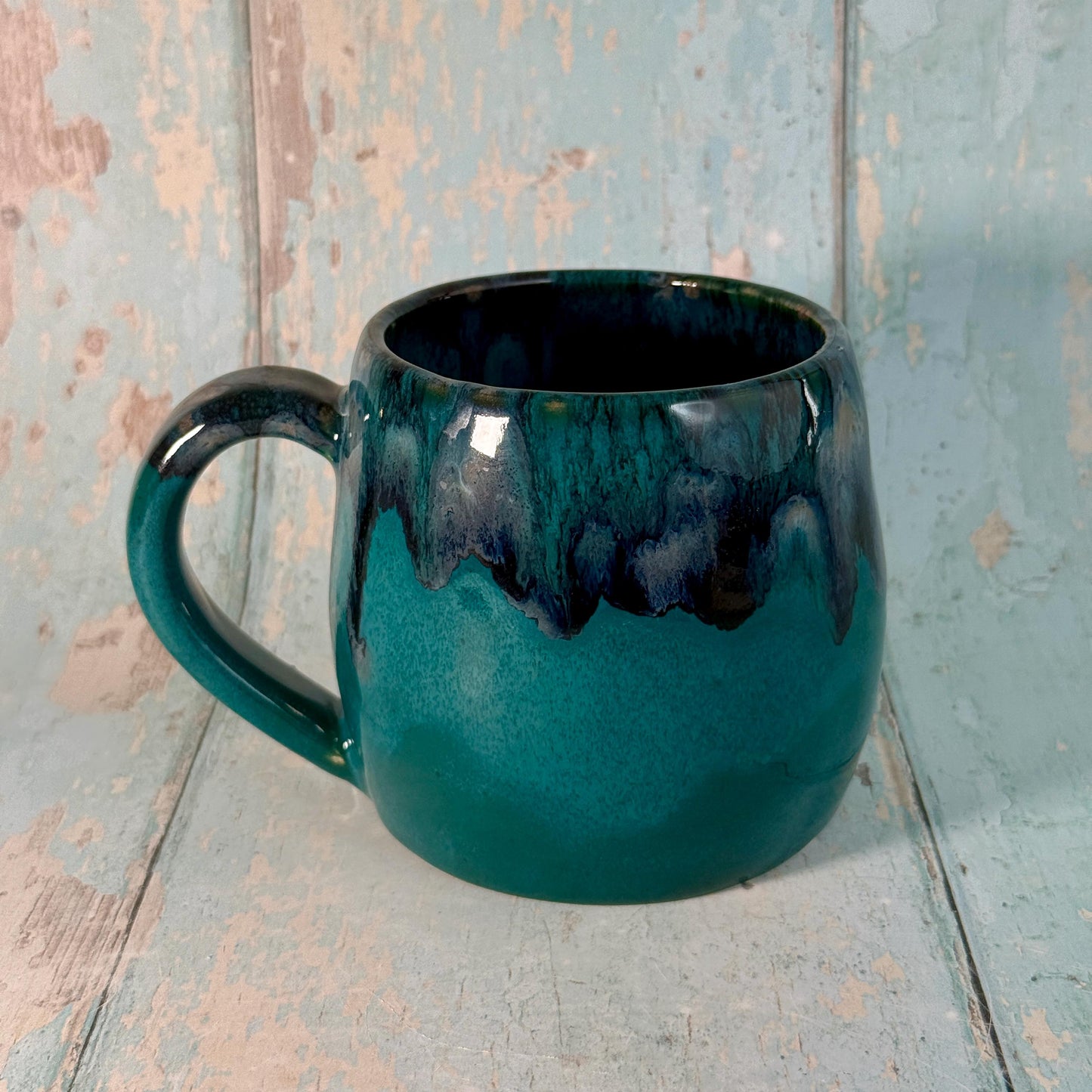 Turquoise, Black and Gold Heart Ceramic Mug, Large Pottery Cup