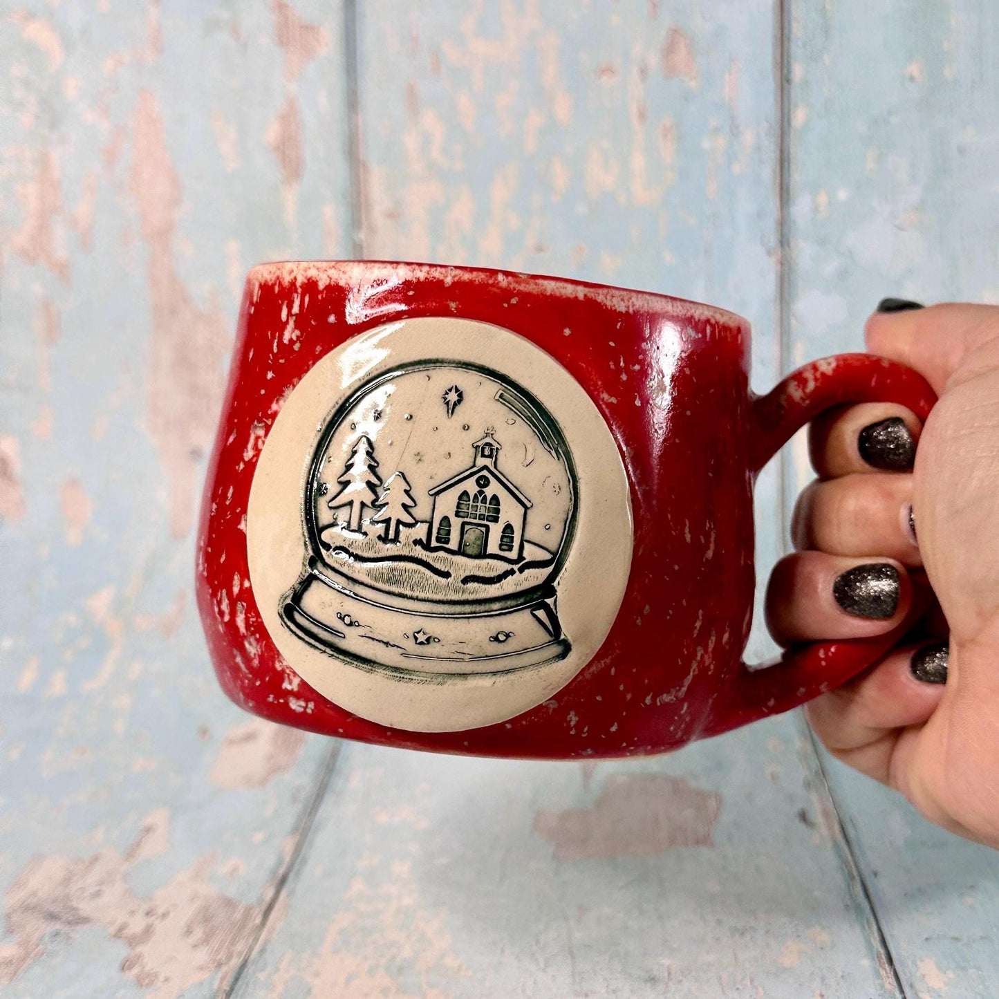 Red Christmas Snow Globe Mug, Handmade Ceramic Cup