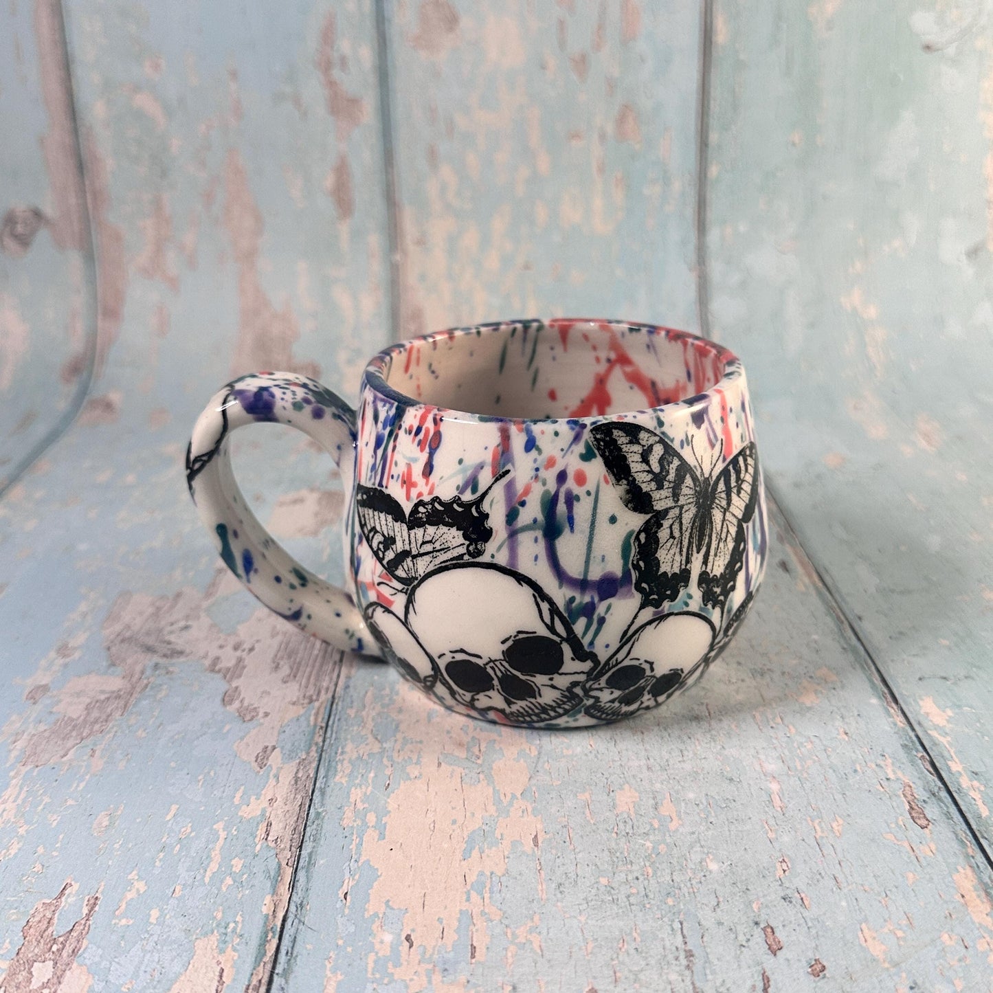 Skull and Butterfly Mug, Pink Purple Handmade Ceramic Cup