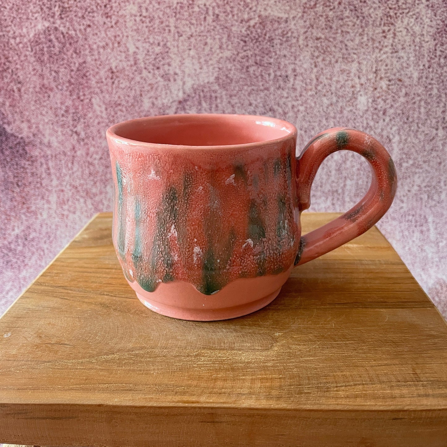 Handmade Coral Pink and Green Drippy Glazed Ceramic Mug