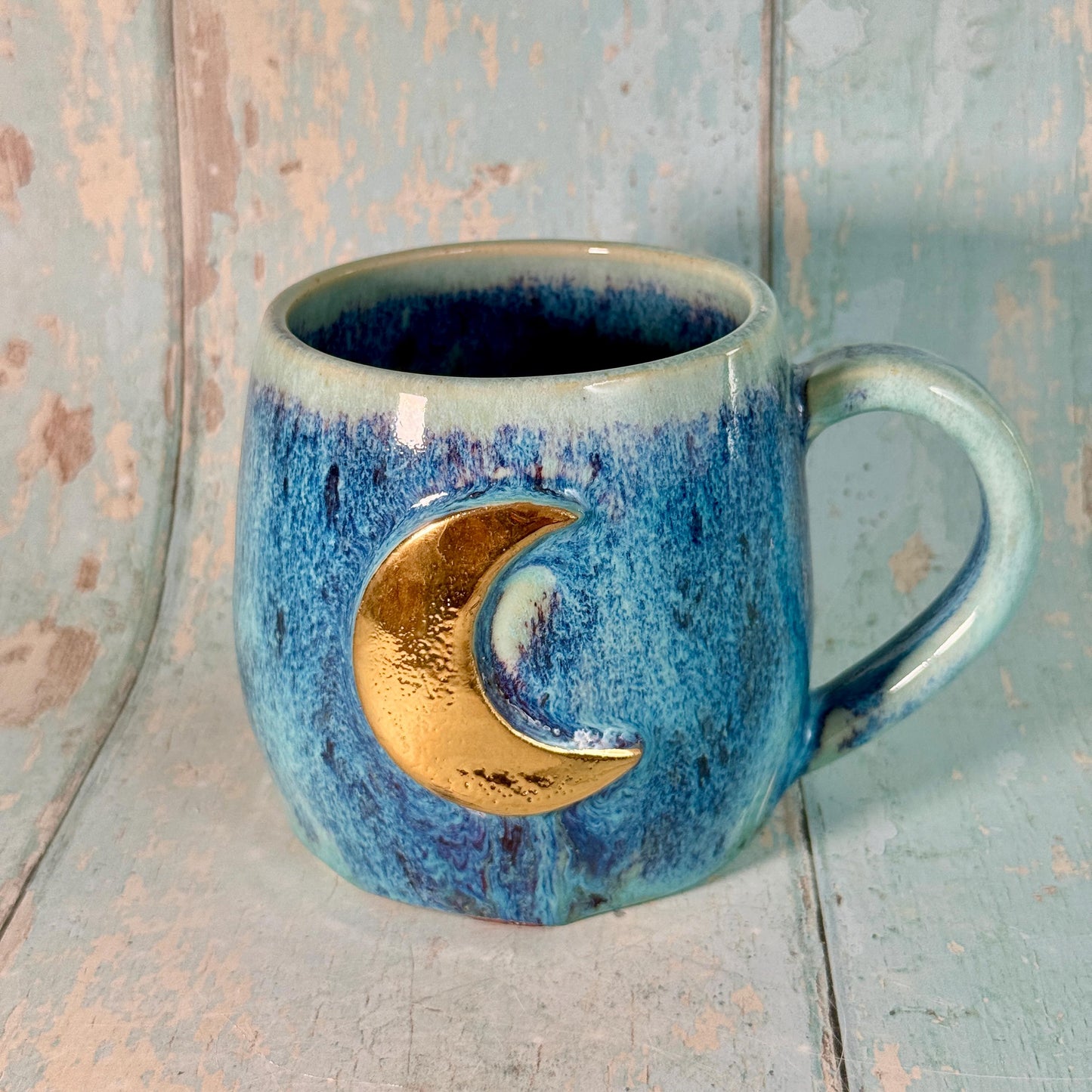 Purple and Turquoise Gold Moon Mug, Handmade Ceramic Mug