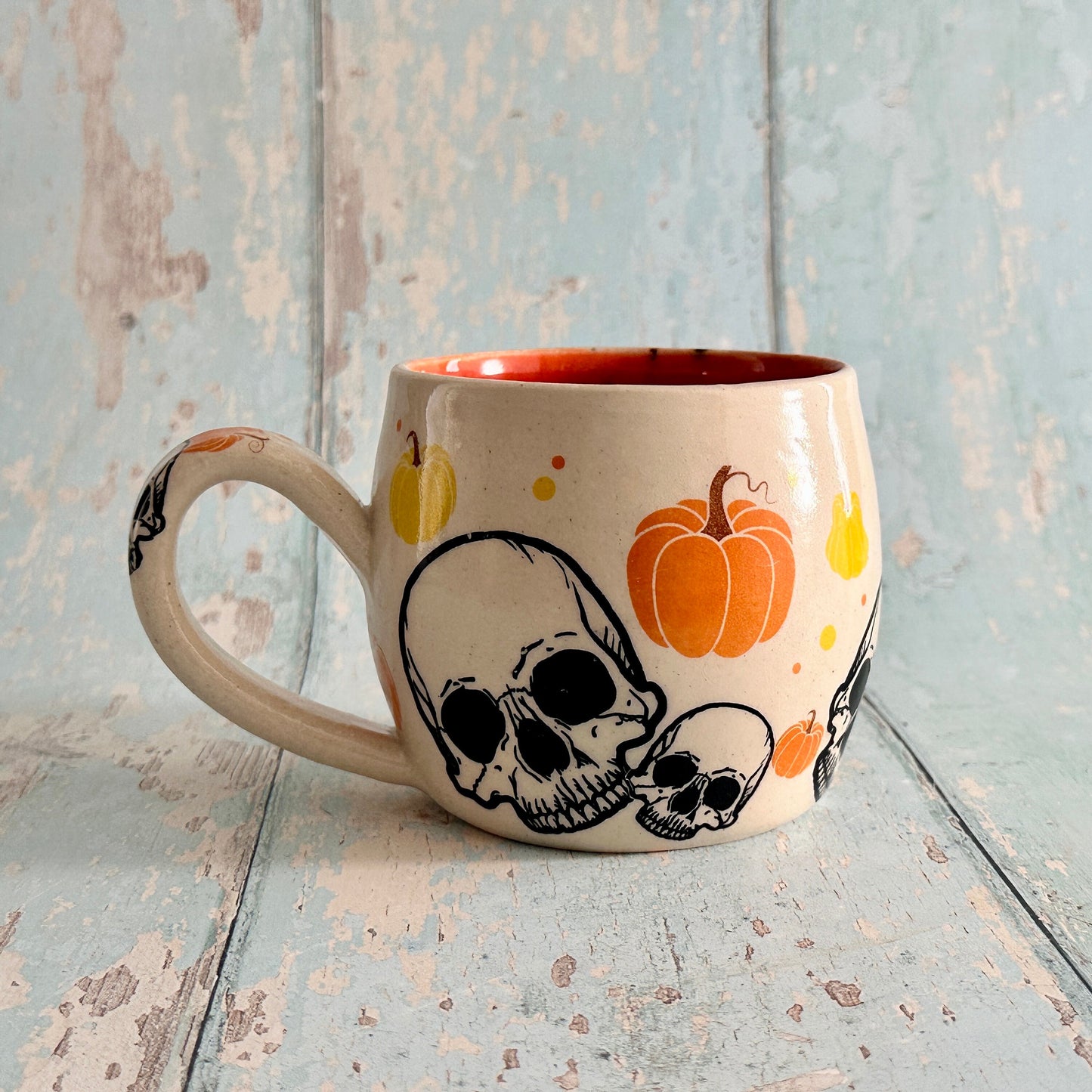 Spooky Halloween Skull and Pumpkin Mug, Orange and Yellow Handmade Ceramic Cup