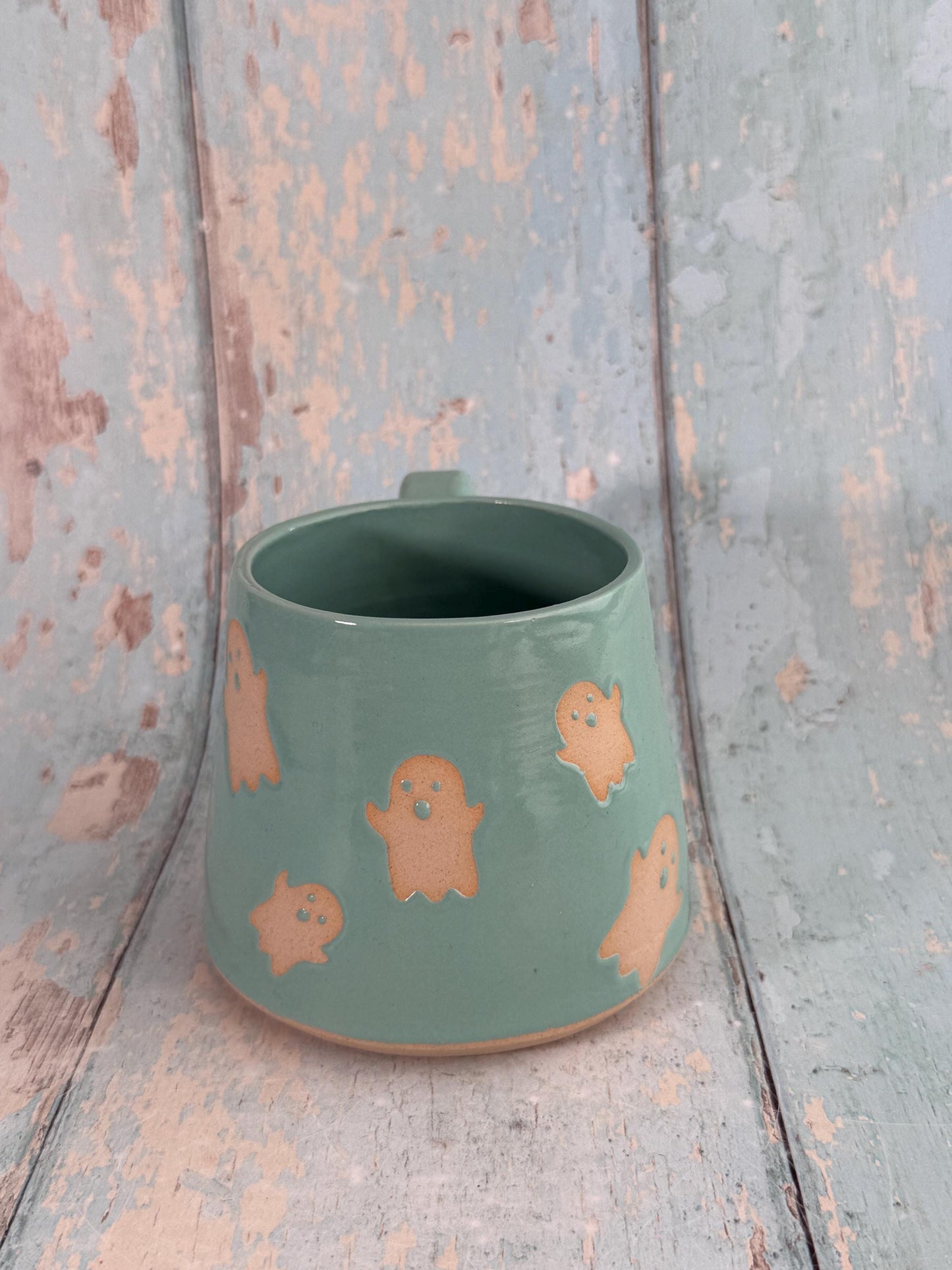 Turquoise Ghost Mug, Handmade Ceramic Cup, Spooky Halloween Mug