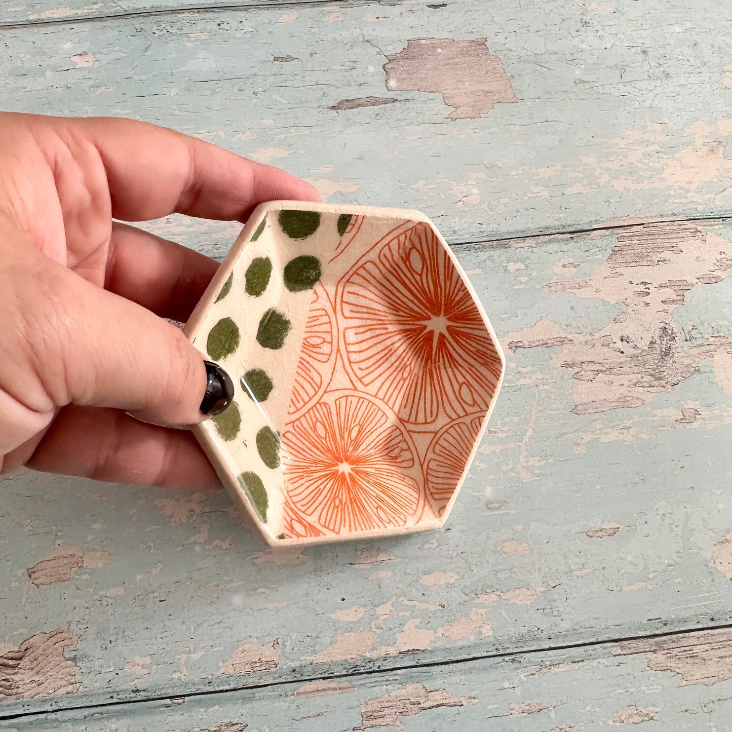 Orange and Green Jewellery Dish, Handmade Hexagon Ceramic Pot