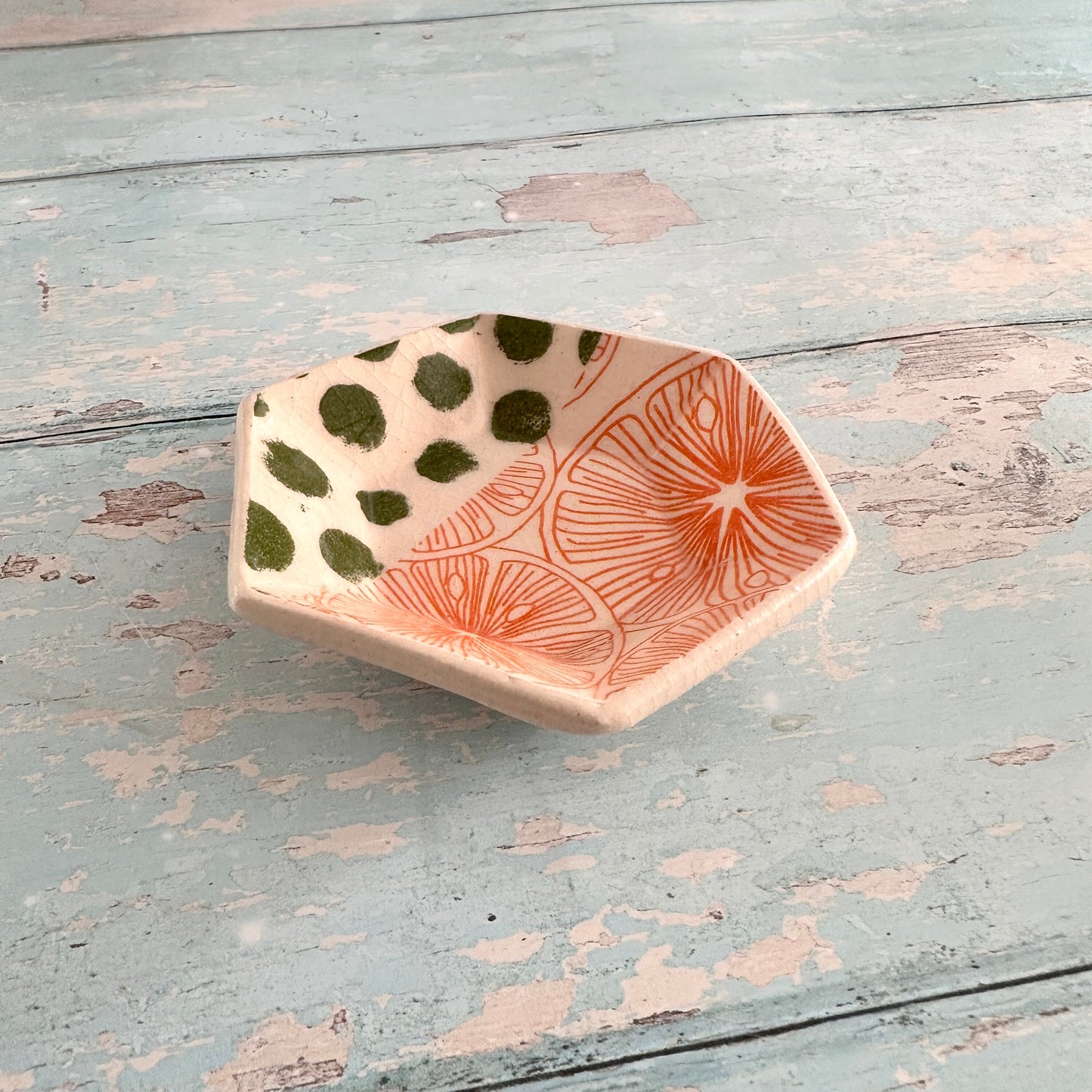 Orange and Green Jewellery Dish, Handmade Hexagon Ceramic Pot