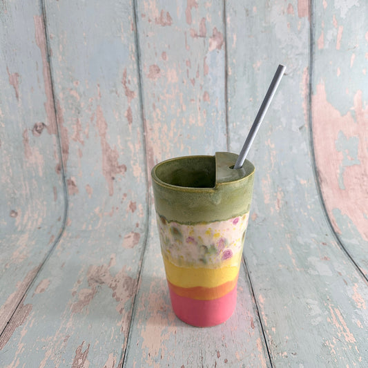 Pink and Yellow and Green Straw Holder Tumbler, Large Ceramic Cup