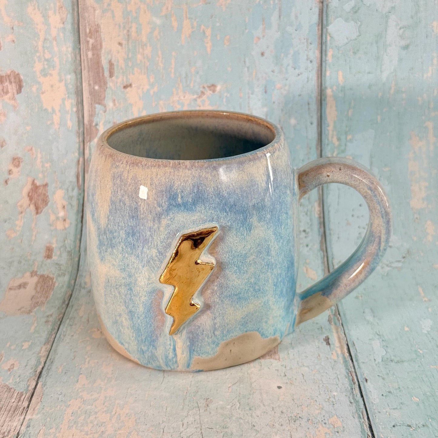 Blue and Gold Lightning Bolt Mug, Handmade Ceramic Cup