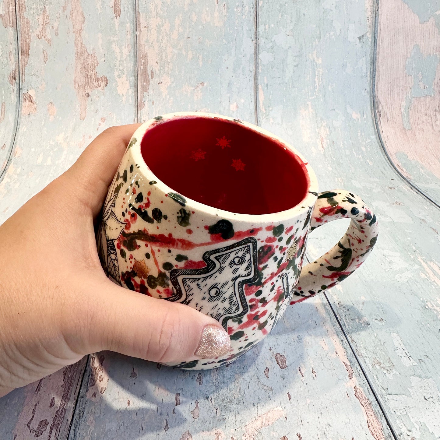 Large Christmas Mug, Handmade Ceramic Cup, Green Red Gold